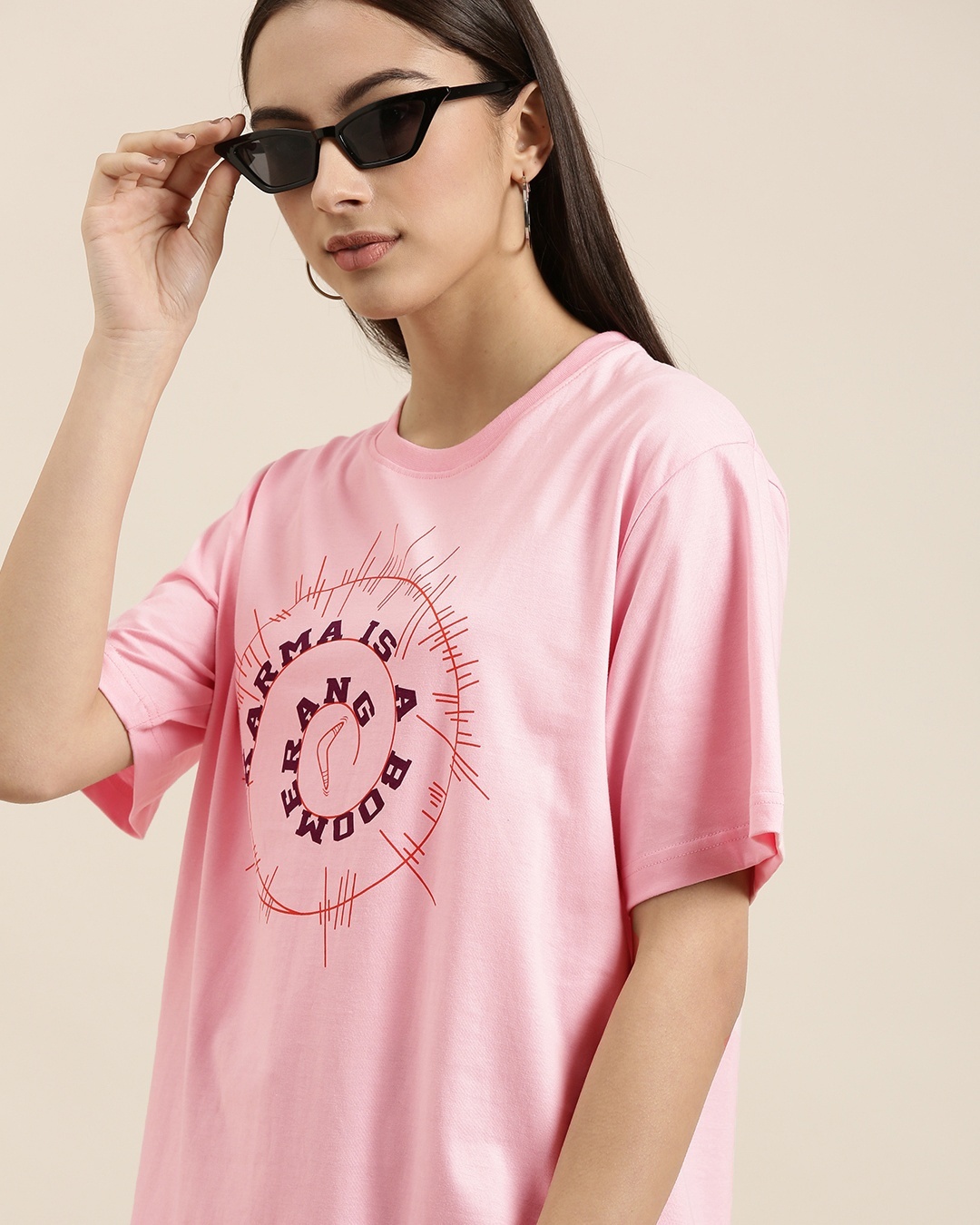 Shop Women's Pink Karma Is a Boomerang Typography Oversized T-shirt-Back