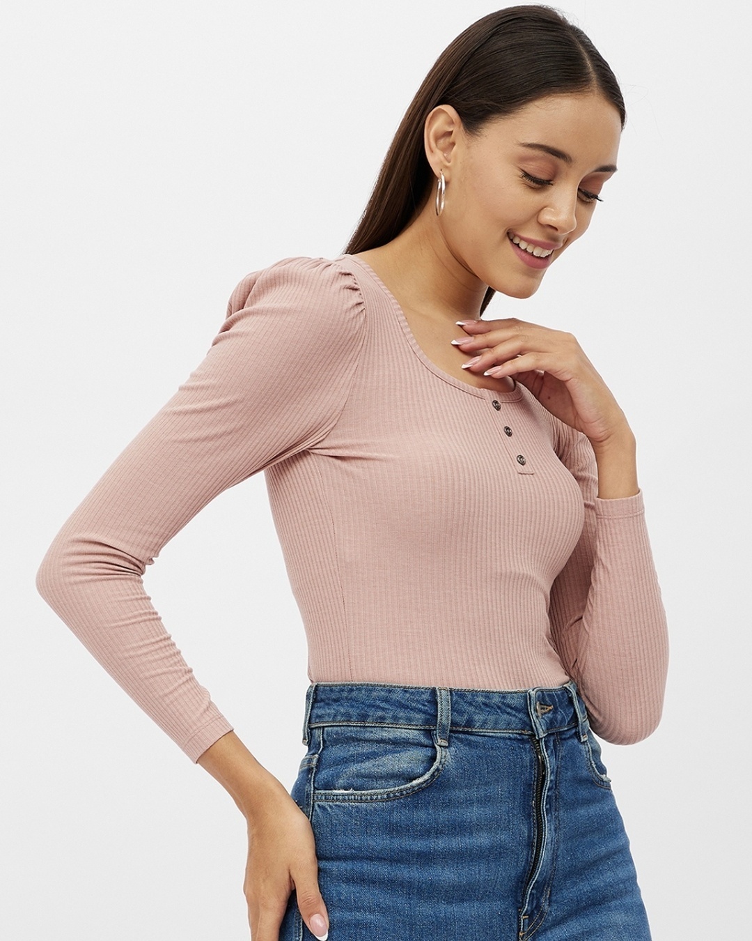 Shop Women's Pink Rayon Round Neck Long Puff Sleeve Top-Full