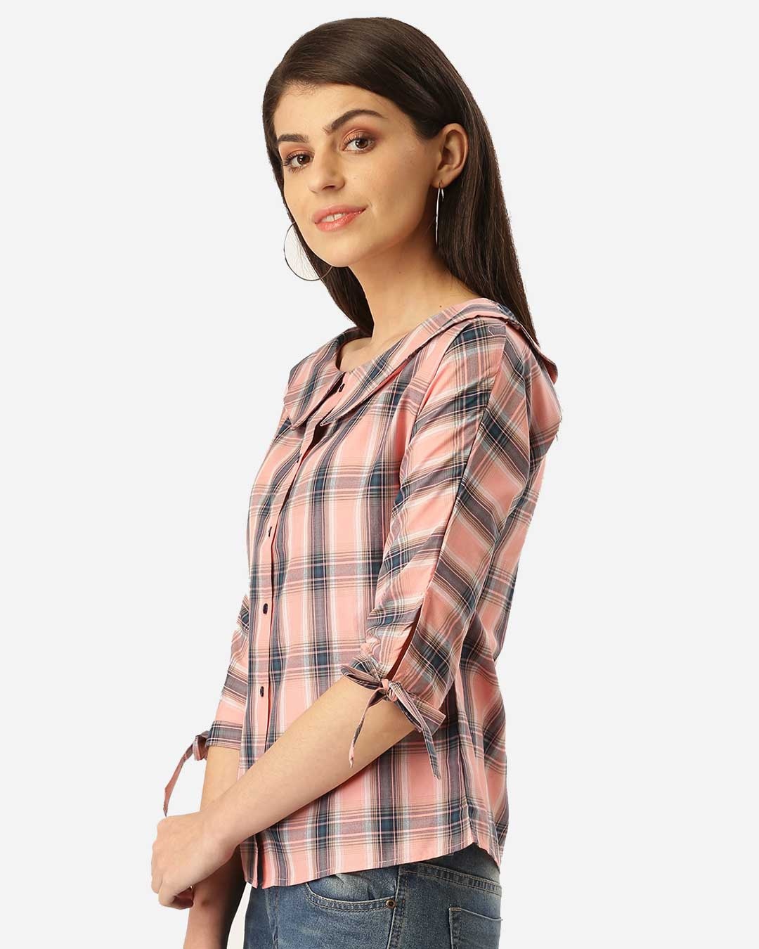 Shop Women's Pink & Teal Blue Checked Shirt Style Top-Back