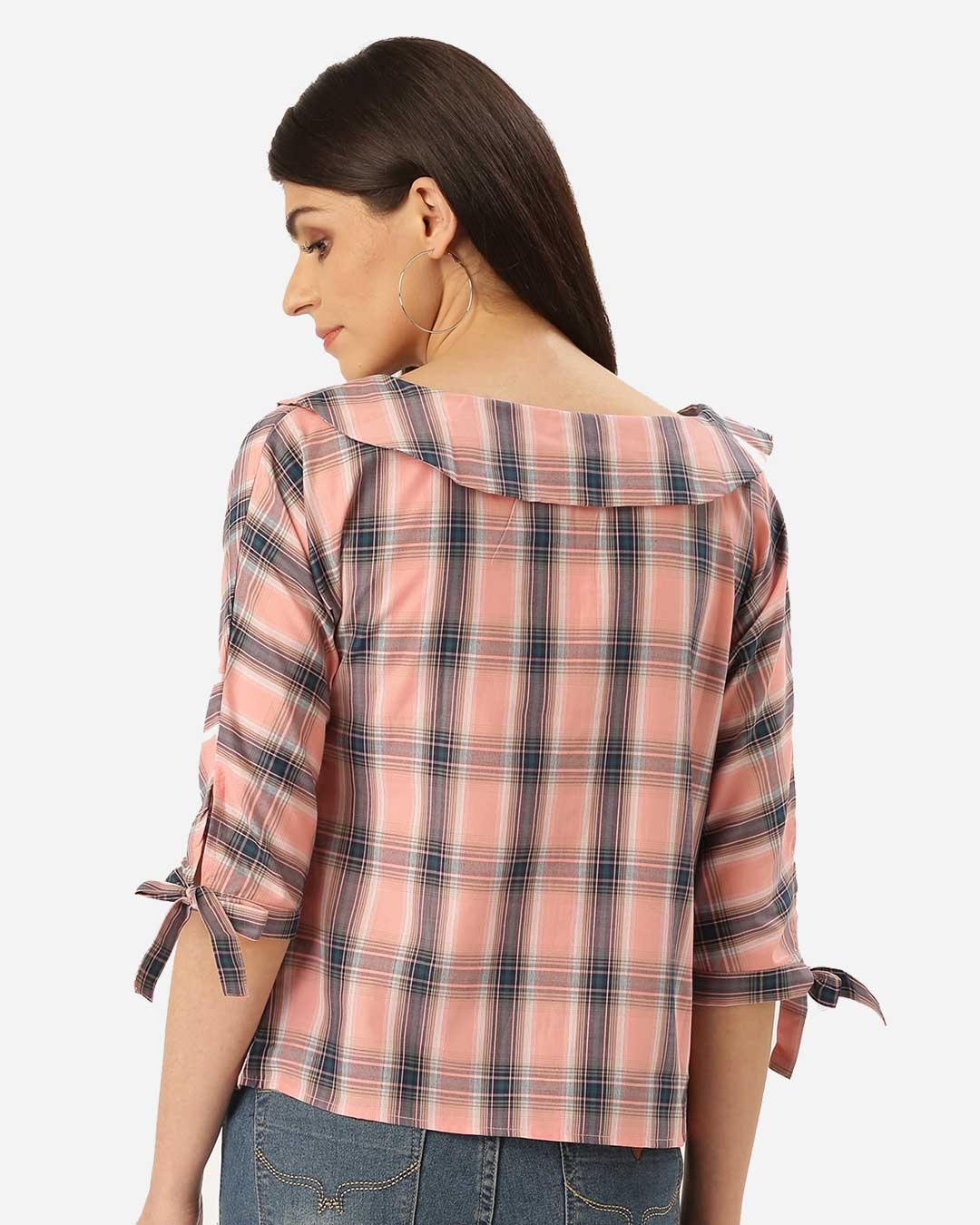 Shop Women's Pink & Teal Blue Checked Shirt Style Top-Design