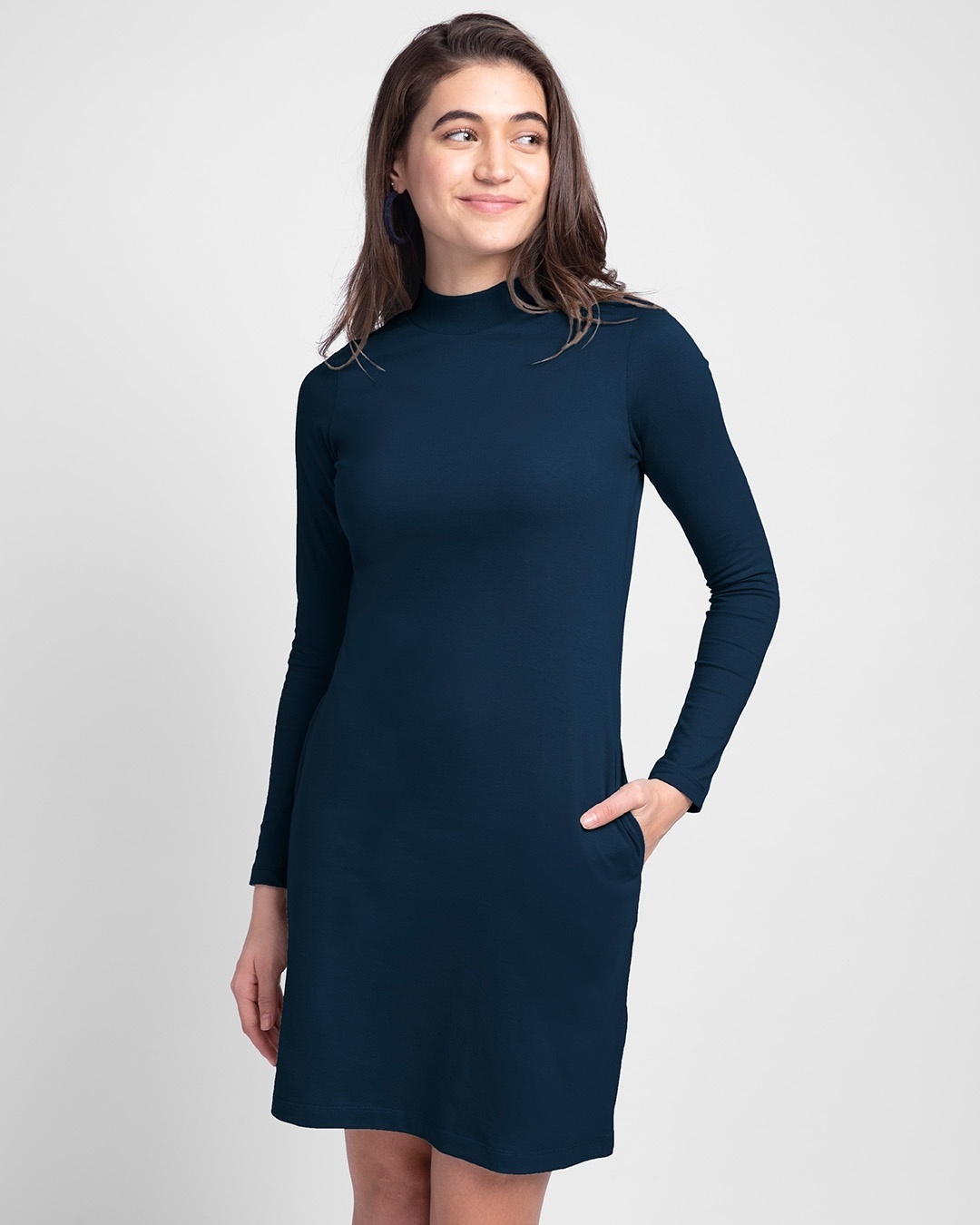 Shop Women's Blue High Neck Slim Fit Pocket Dress-Front