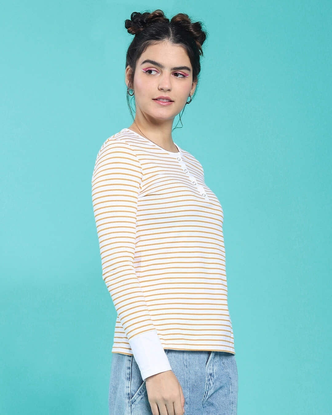 Shop Women's Popcorn Yellow Stripe Henley T-shirt-Design