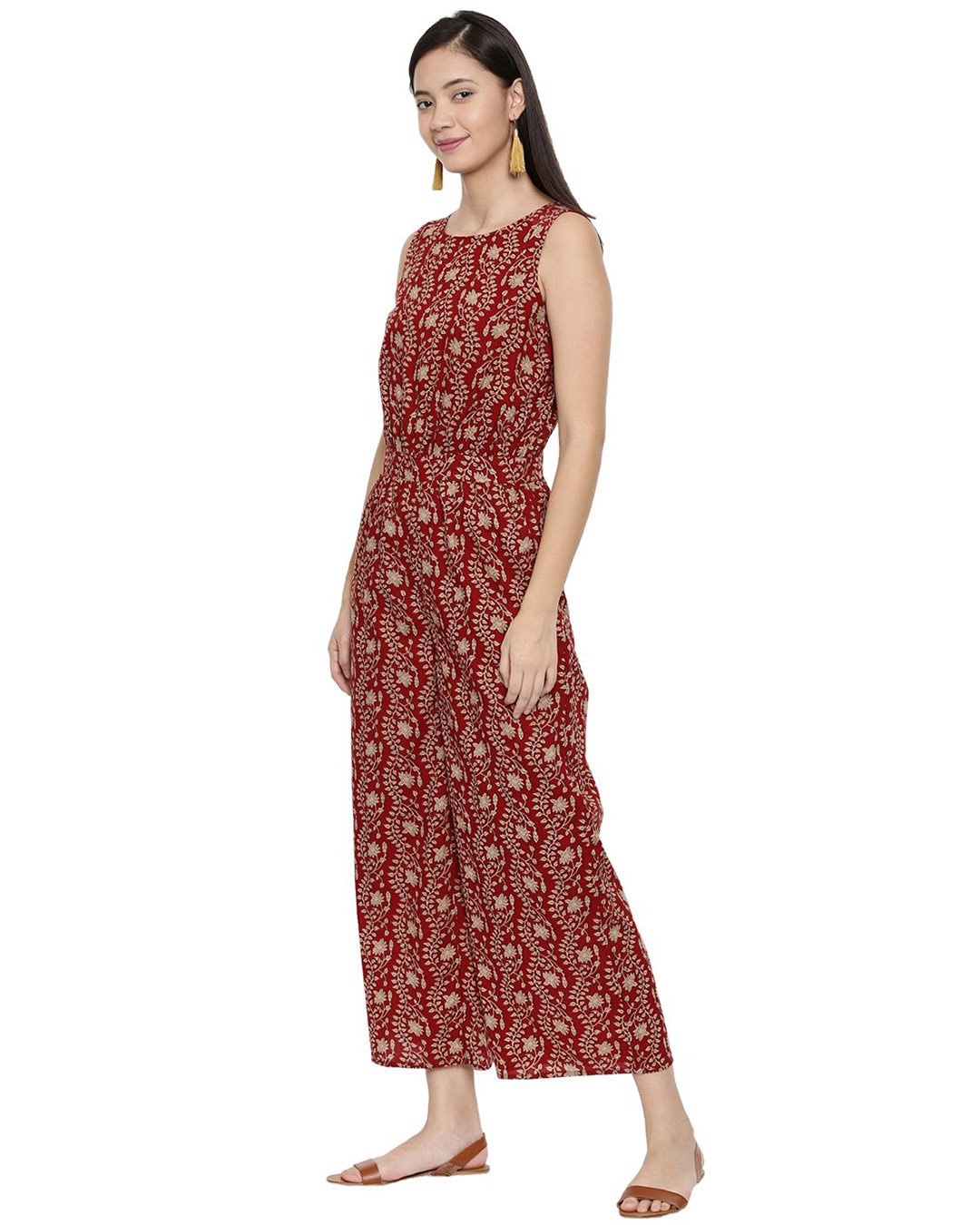 Shop Women's Prancing Scarlet Red Kalamkari Print Sleeveless Cotton Jumpsuit