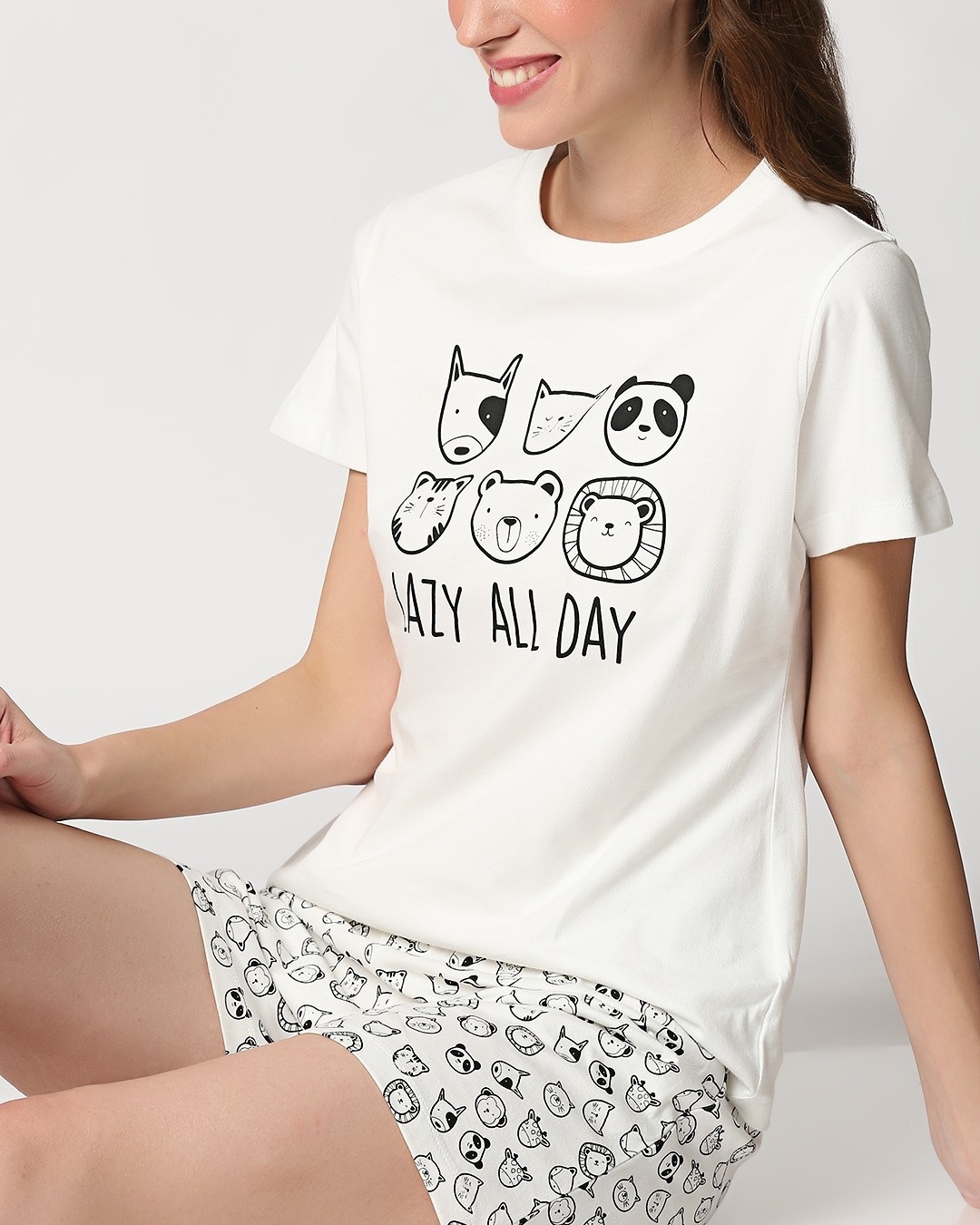 Shop Women's White Lazy All Day Graphic Printed T-shirt & Shorts Set-Front