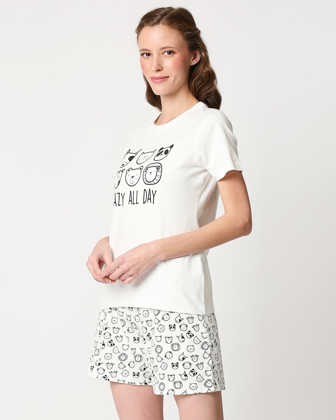 Shop Women's White Lazy All Day Graphic Printed T-shirt & Shorts Set-Full
