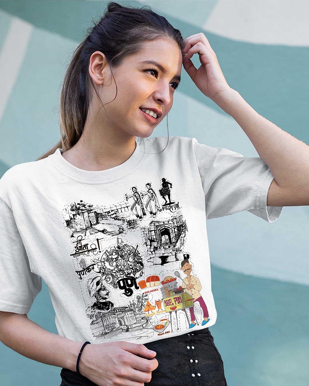 Shop Women's Pune Travel Doodle Premium Cotton T-shirt-Front