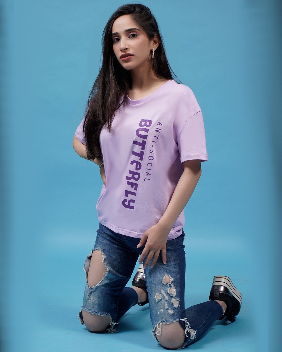 Shop Women's Purple Anti-Social Butterfly Typography  T-shirt
