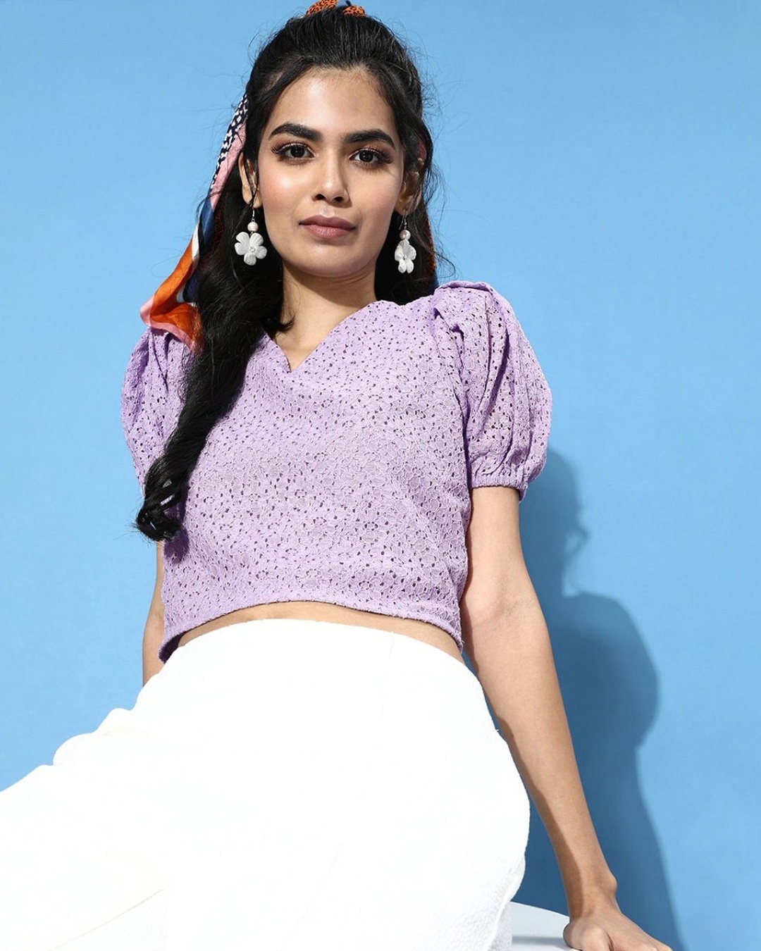 Shop Women's Purple Self Design Cotton Crop Top-Front