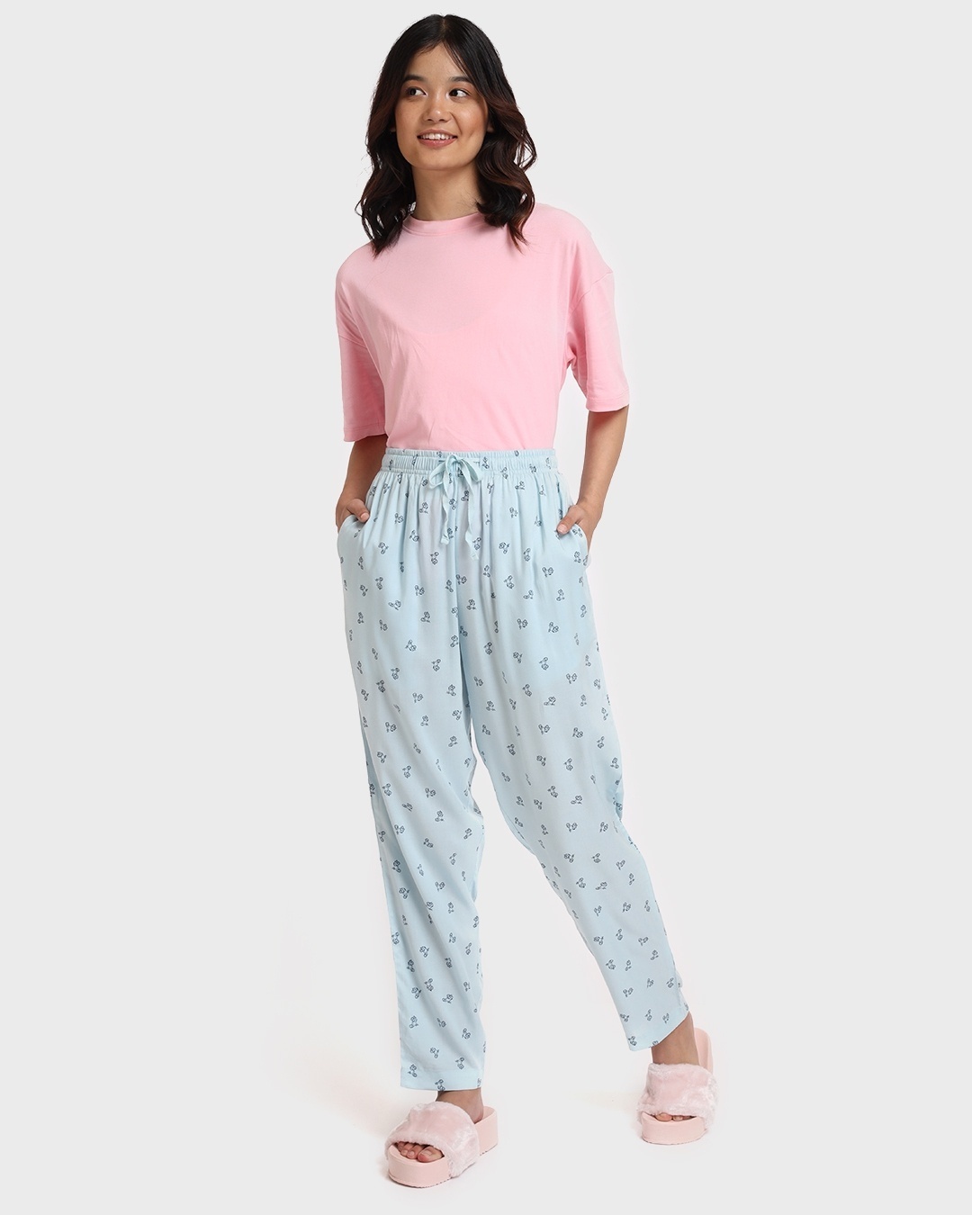 Shop Women's Blue All Over Floral Printed Straight Fit Rayon Pyjamas-Full