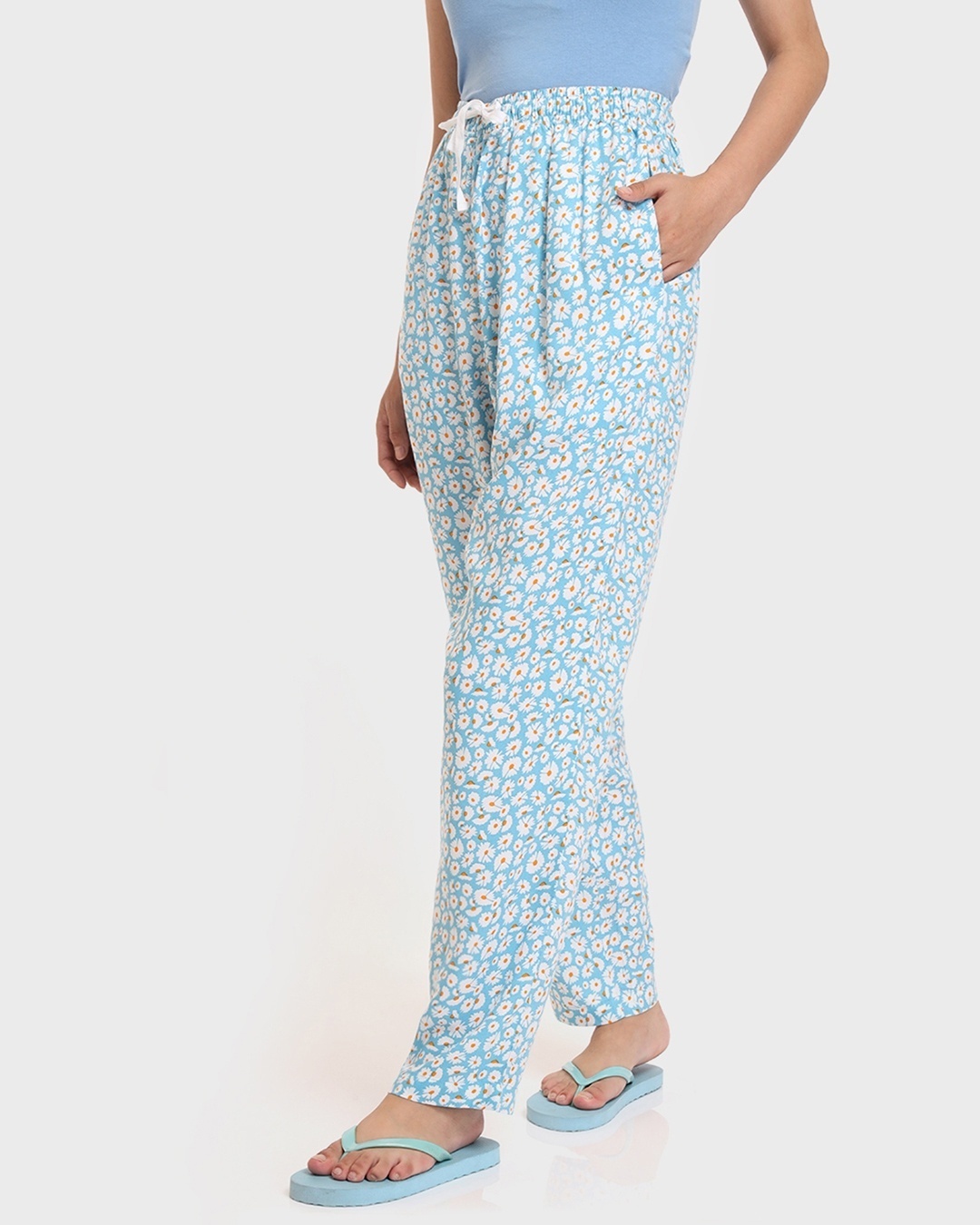 Shop Women's Blue All Over Floral Printed Straight Fit Rayon Pyjamas-Front