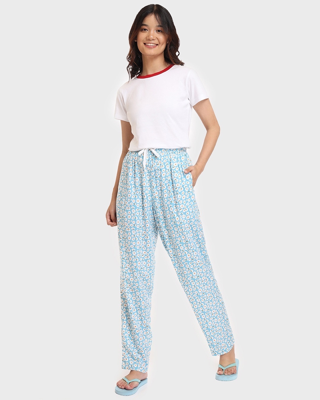 Shop Women's Blue All Over Floral Printed Straight Fit Rayon Pyjamas-Full