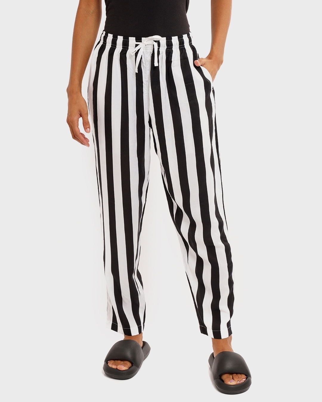 Shop Women's White Striped Straight Fit Rayon Pyjamas-Front