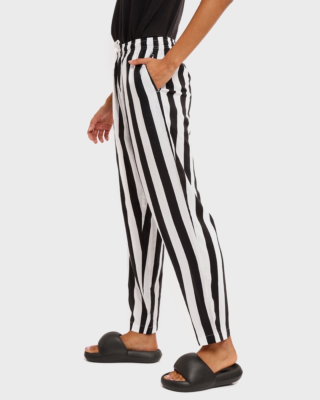Shop Women's White Striped Straight Fit Rayon Pyjamas-Back