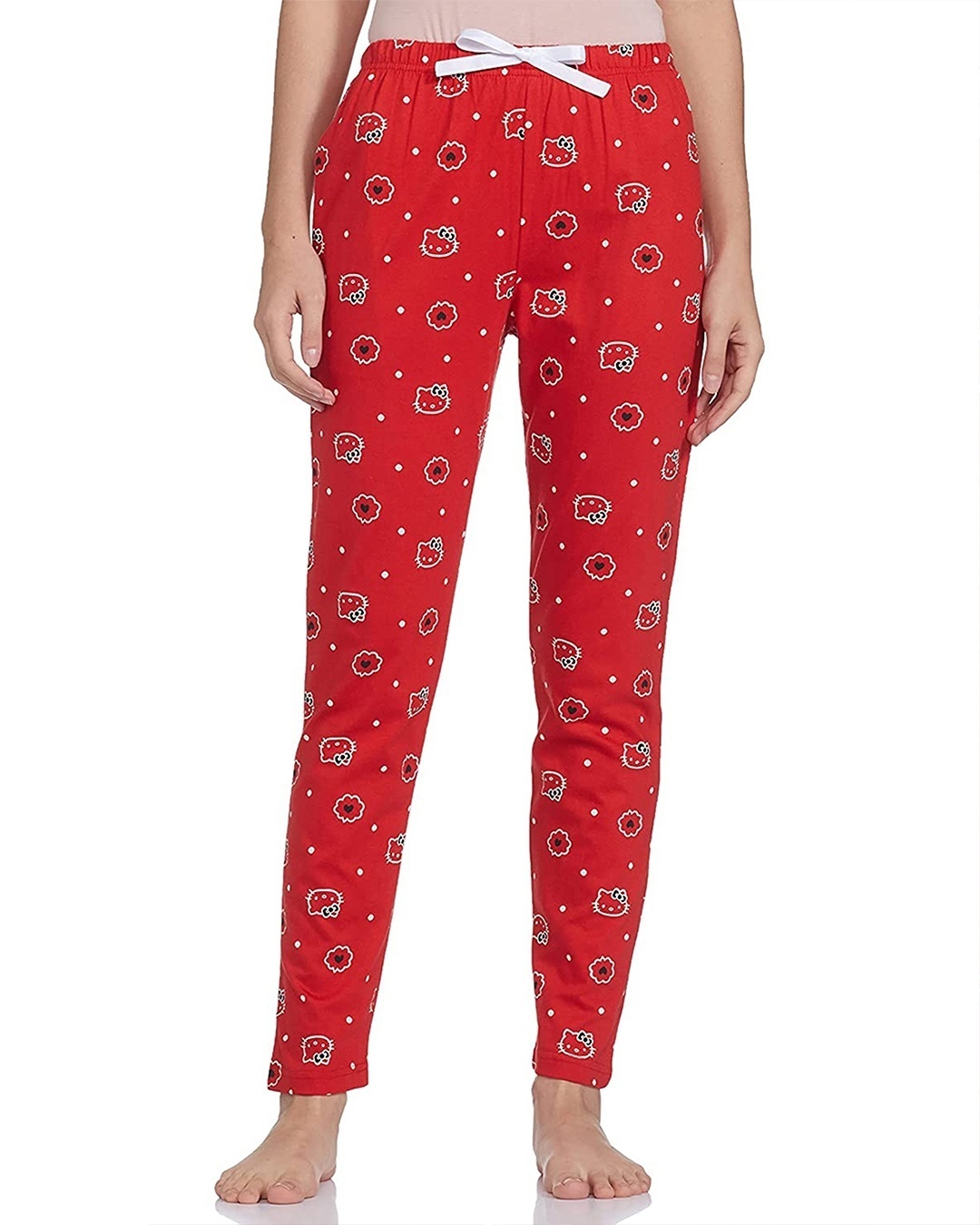 Shop Women's Red All Over Cat Printed Cotton Pyjamas-Front