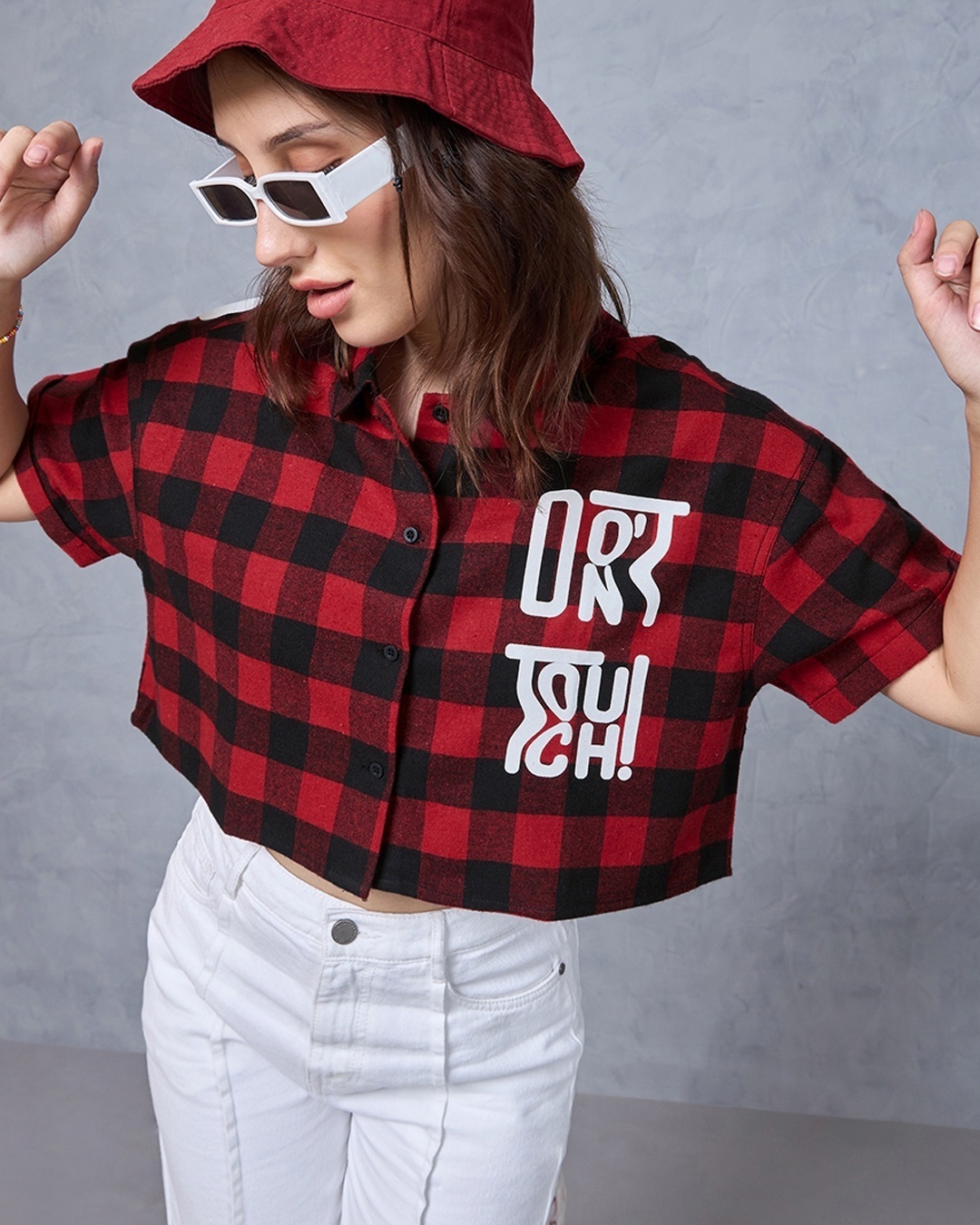 Women's Red & Black Mickey Checked Oversized Crop Shirt paired with midi skirt