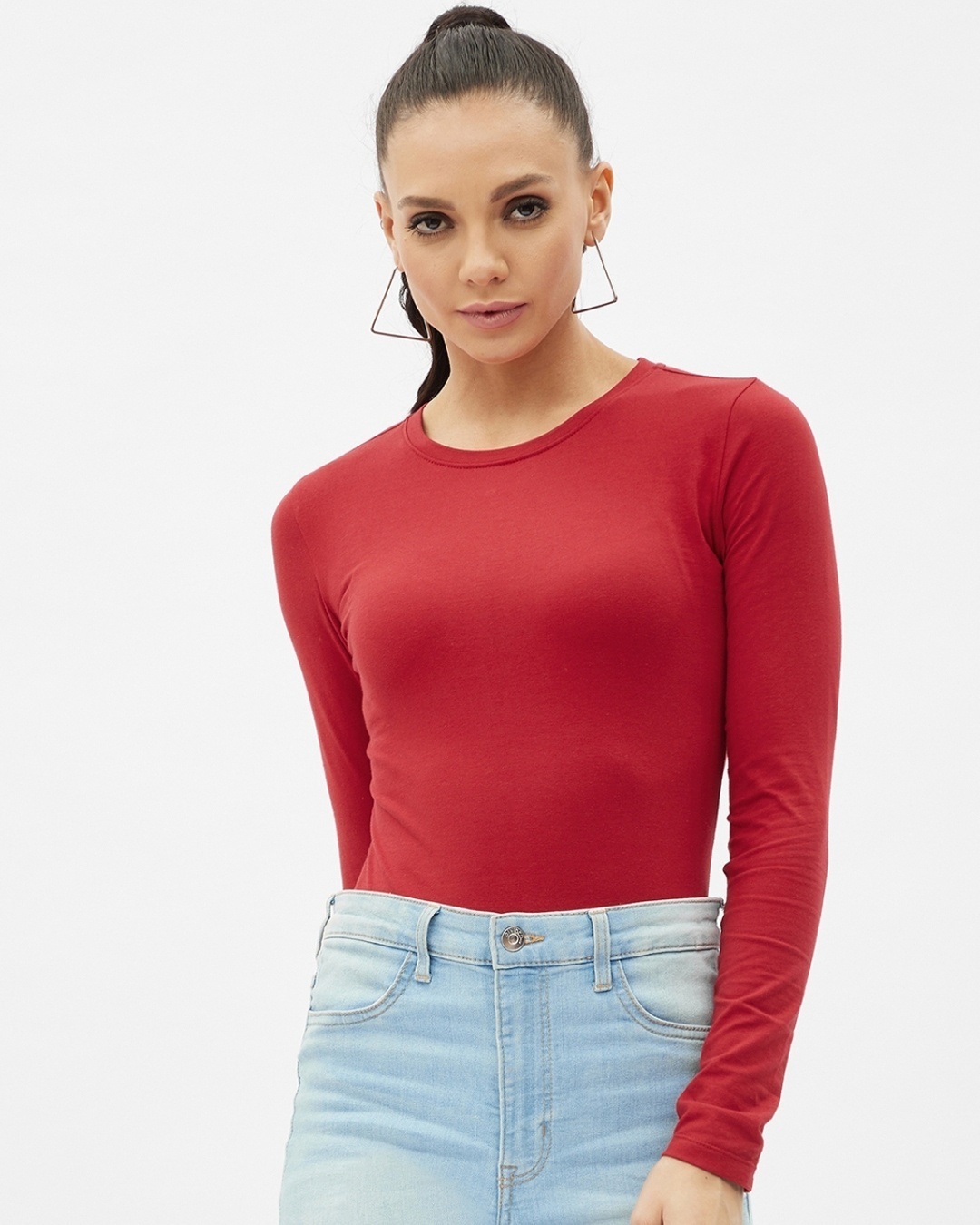 Shop Women's Red Cotton Long Sleeve Round Neck T-shirt-Front