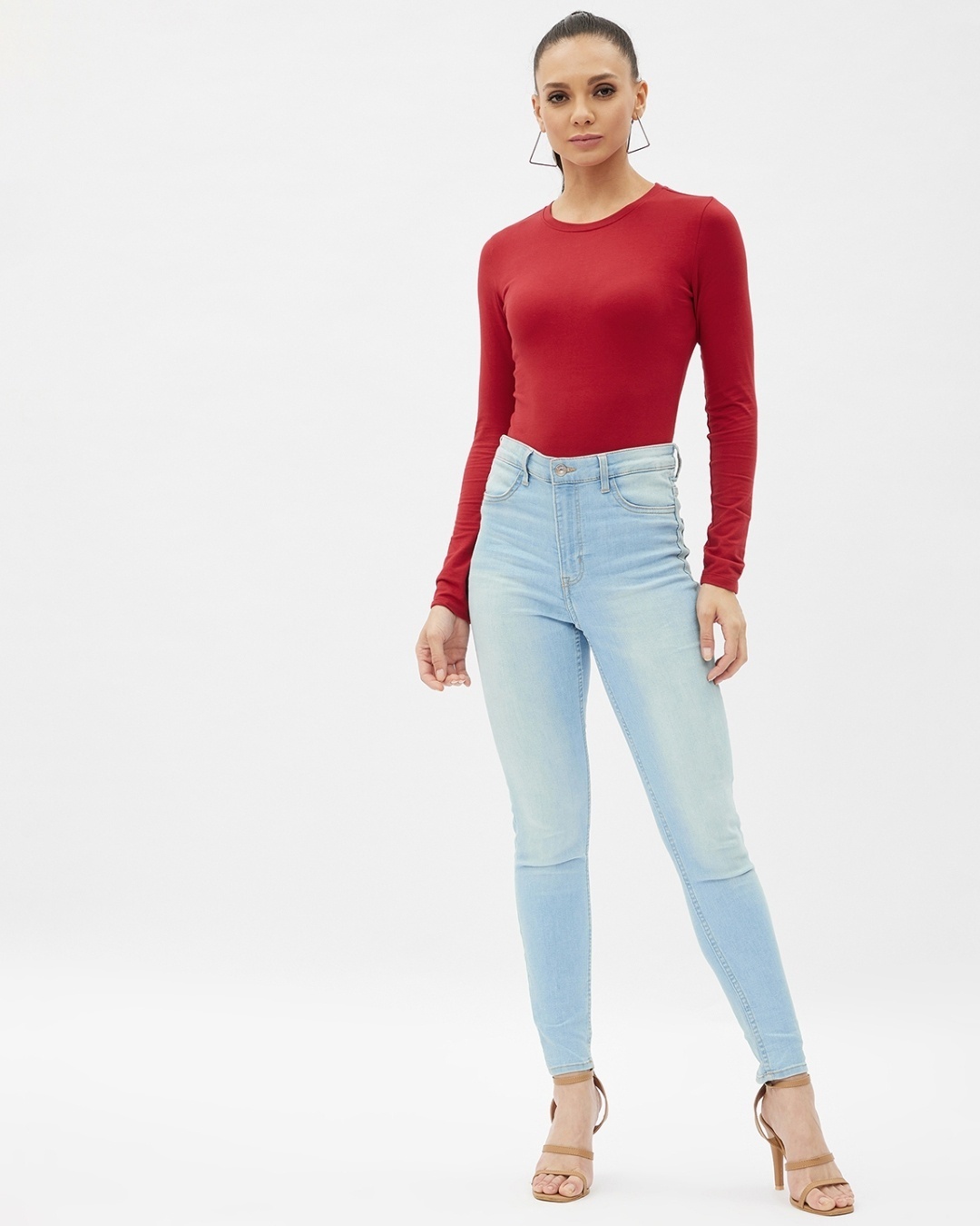 Shop Women's Red Cotton Long Sleeve Round Neck T-shirt