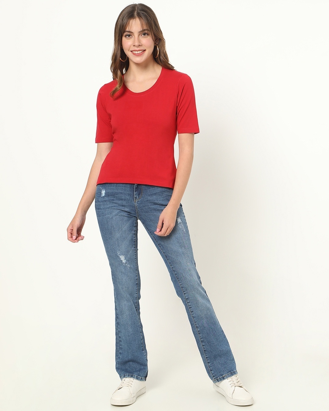 Shop Women's Red Elbow Sleeve Scoop Neck T-shirt-Full