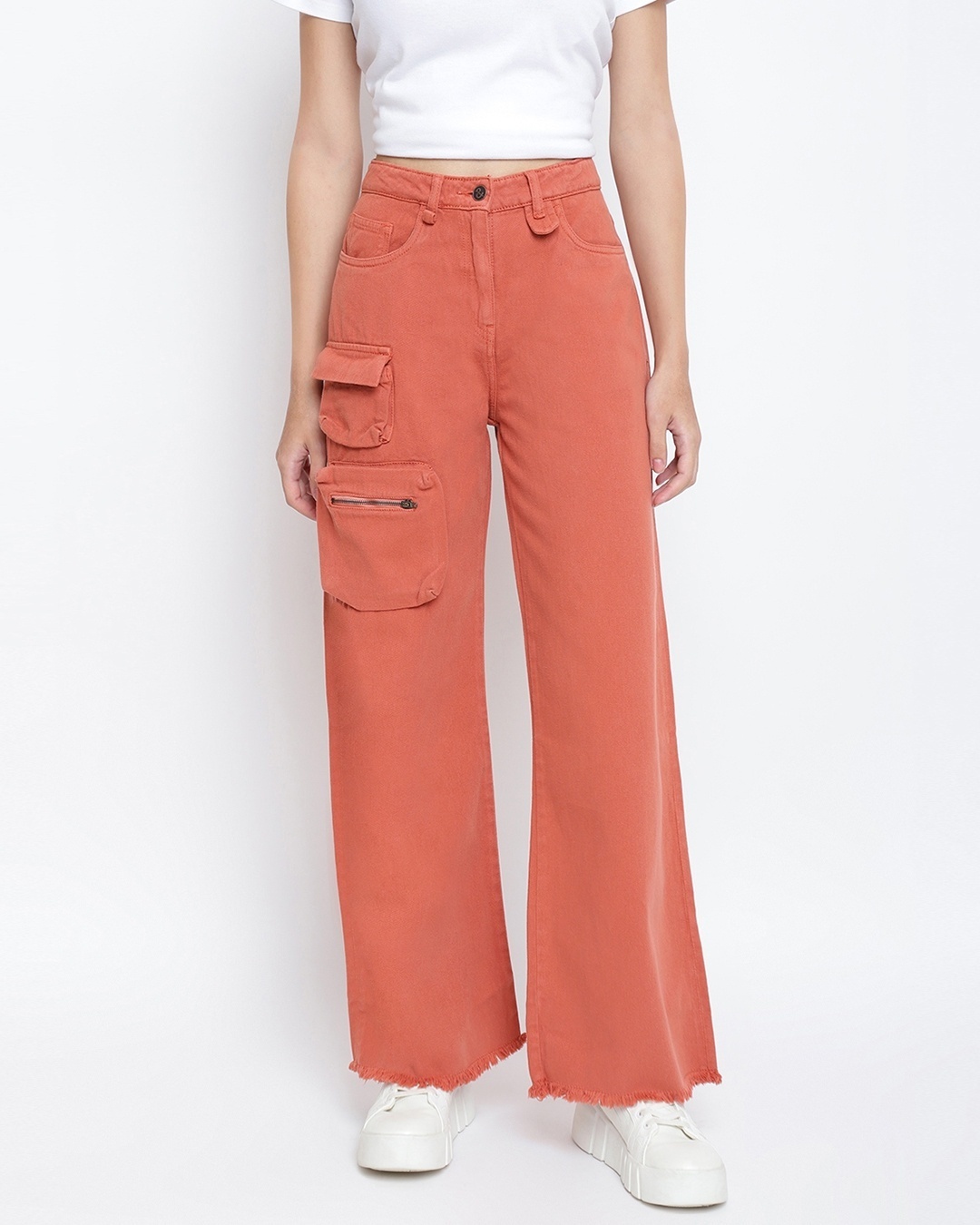 Buy Women's Red Flared Cargo Trousers Online at Bewakoof