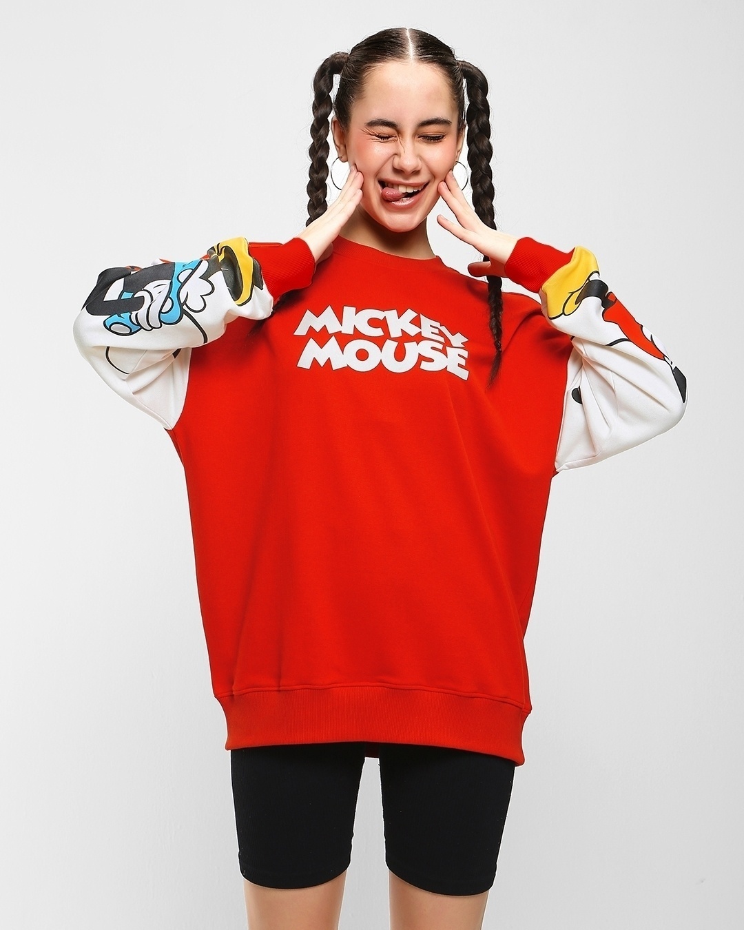 Shop Women's Red Mickey Mouse Graphic Printed Oversized Sweatshirt-Front
