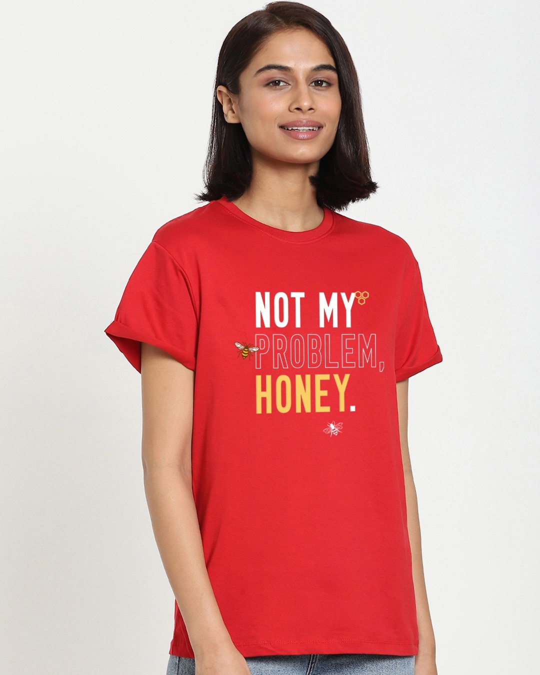 Shop Women's Red Not My Problem Honey Typography Boyfriend T-shirt-Front