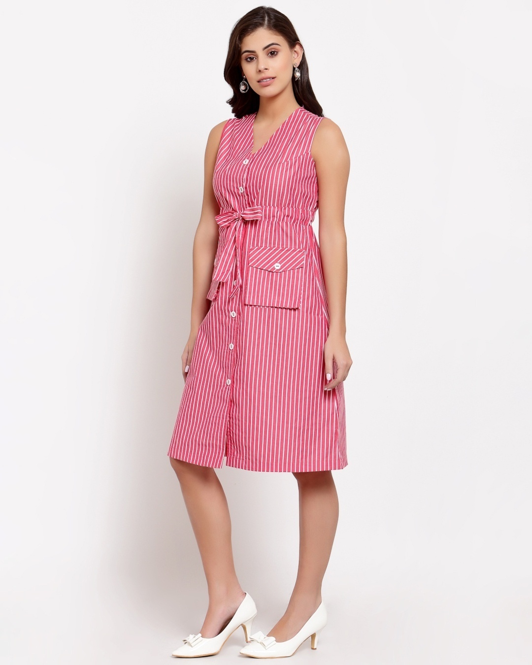 Shop Women's Red Striped Cotton Dress-Back