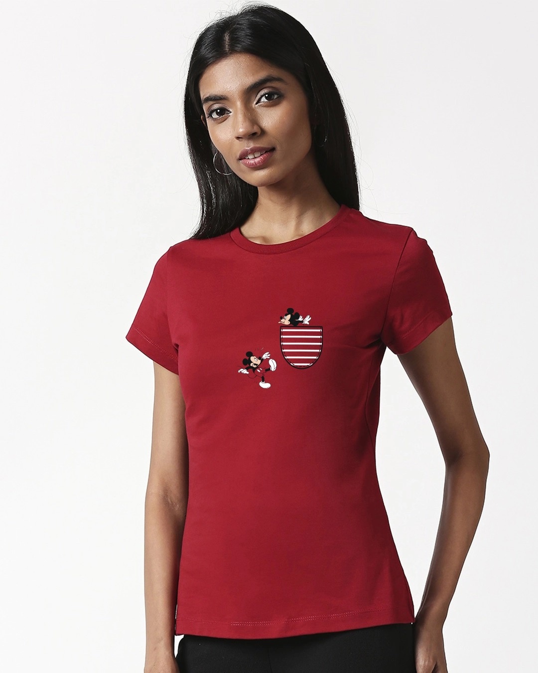 Shop Women's Red Teasing Mickey Graphic Printed T-shirt (DL)-Front