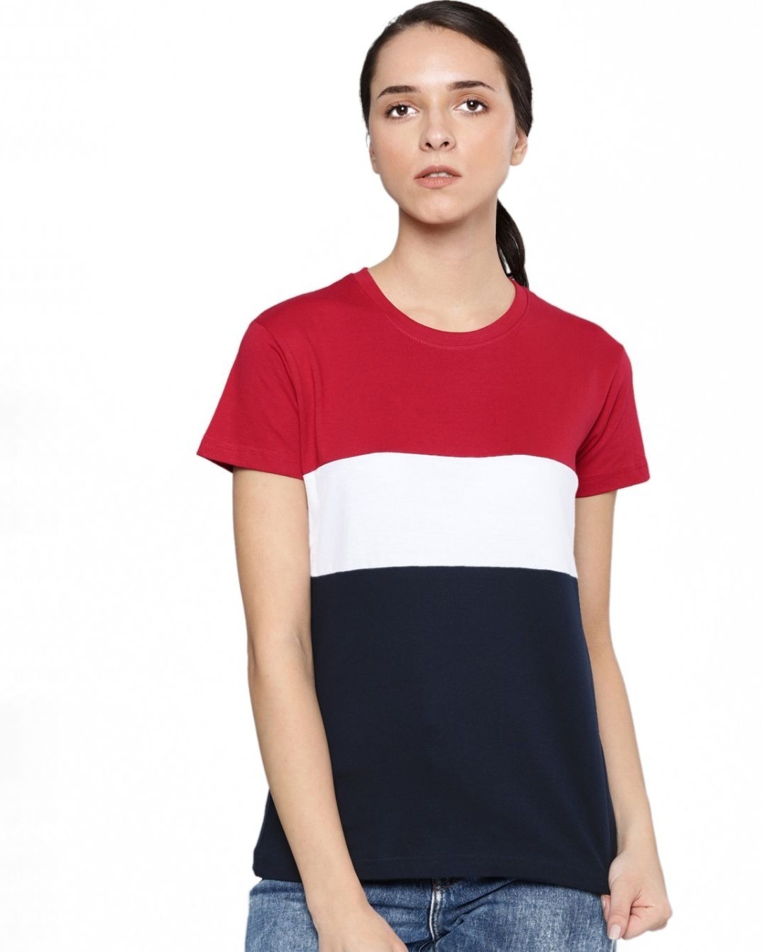 Shop Women's Red & White Colourblocked T-shirt-Front