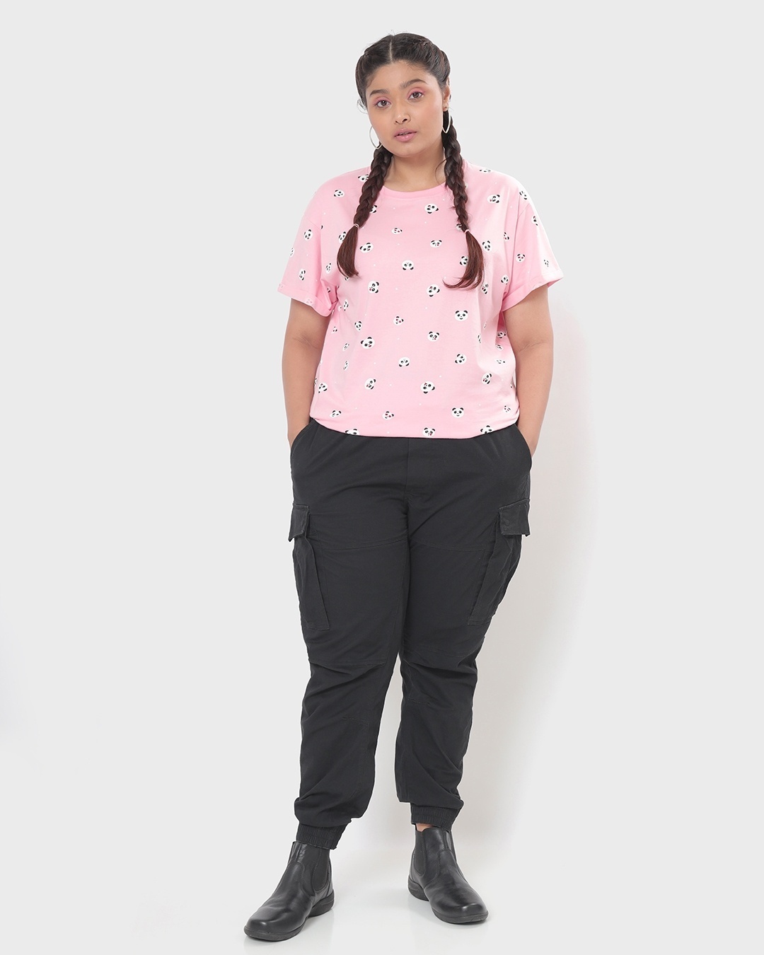 Shop Women's Rose Shadow All Over Panda Printed Plus Size Boyfriend T-shirt-Full