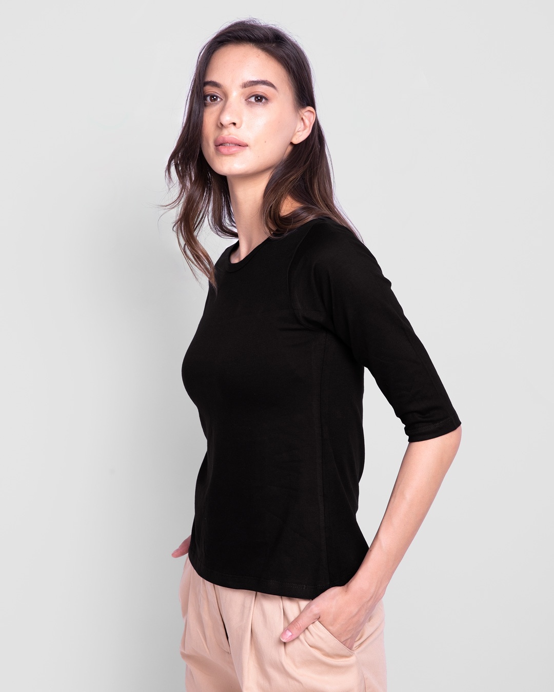Shop Women's Round Neck 3/4 Sleeve Combo T-Shirts Black-Pink-Full