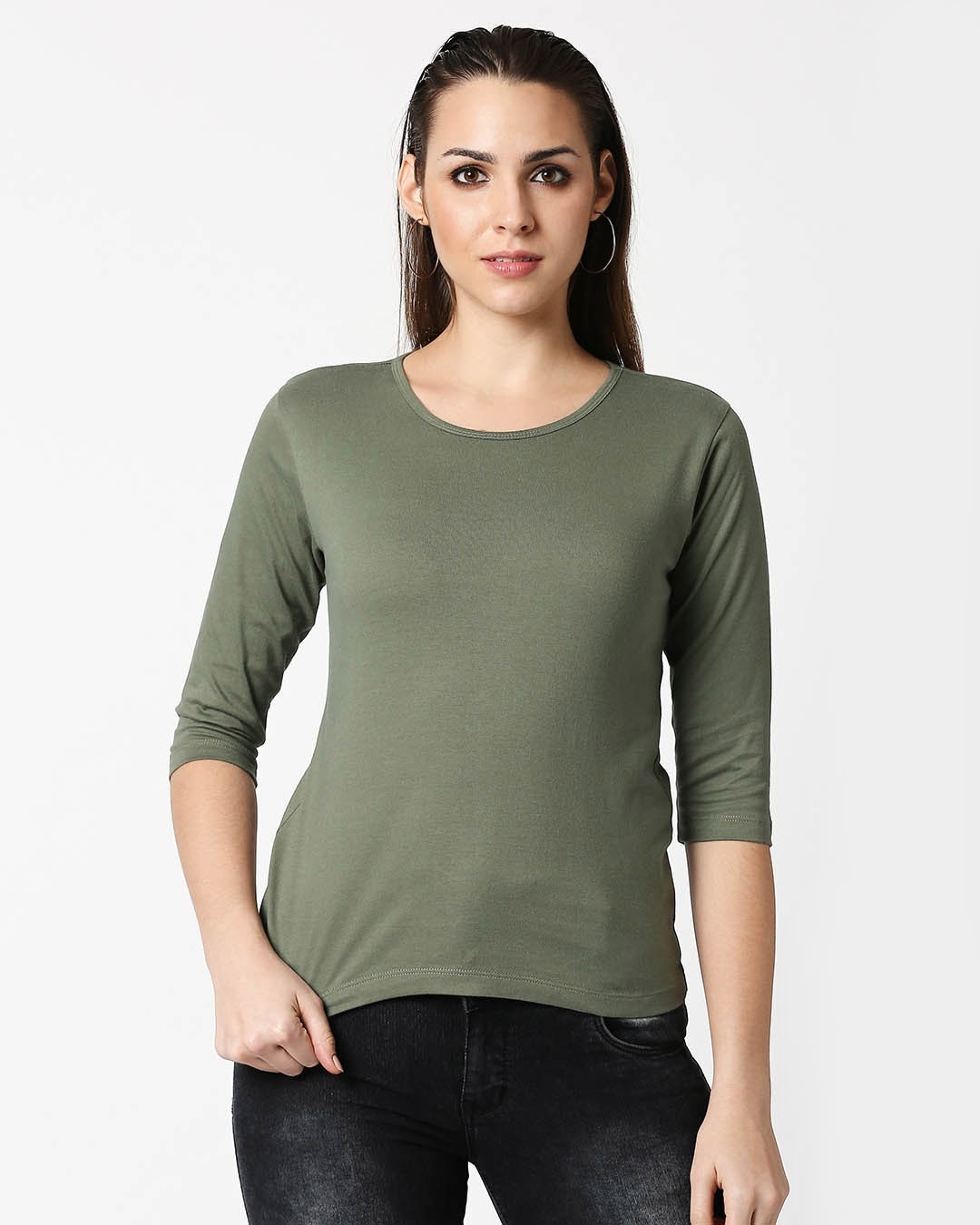 Shop Women's Round Neck 3/4 Sleeve Combo T-Shirts Green-Purple-Back