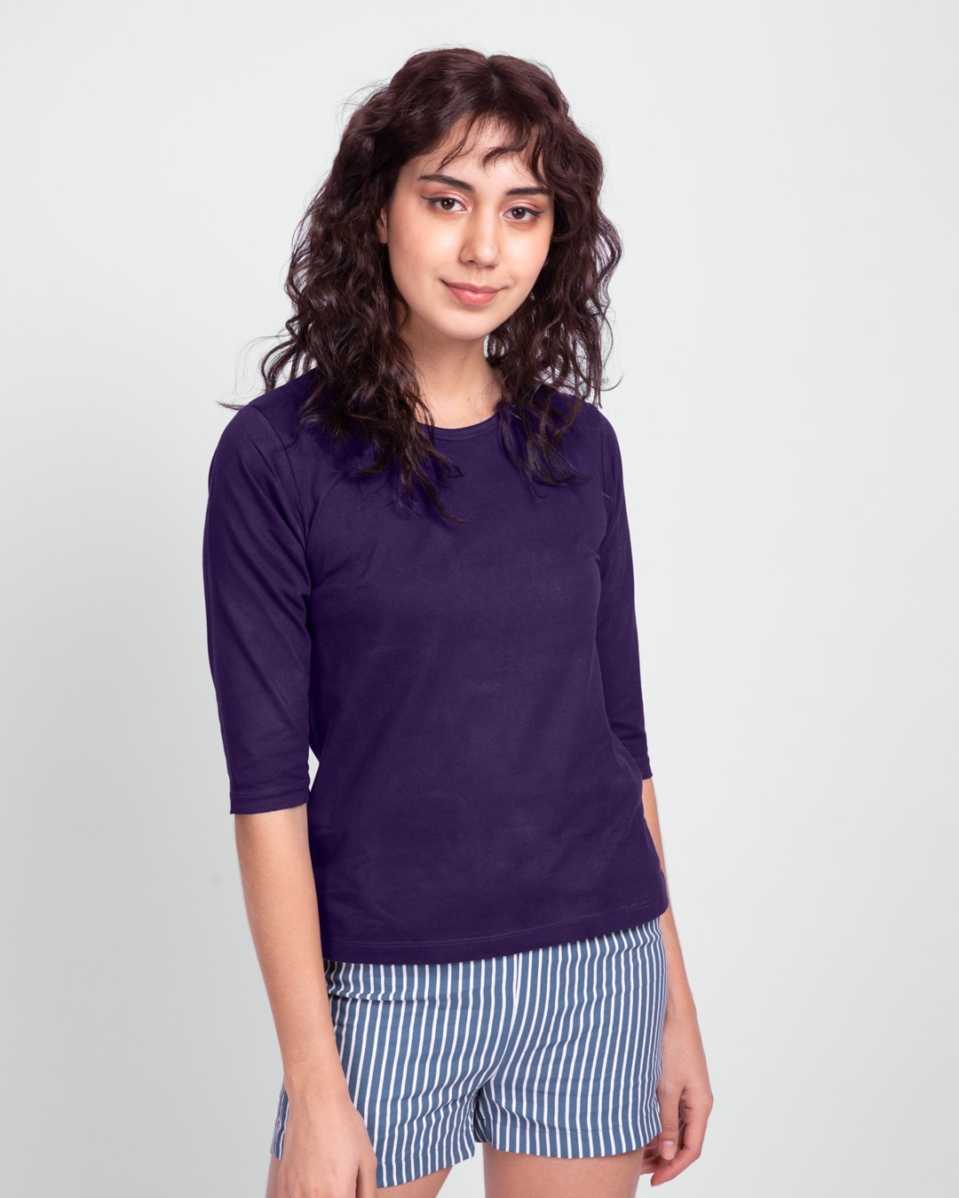 Shop Women's Round Neck 3/4 Sleeve Combo T-Shirts Purple-white-Back