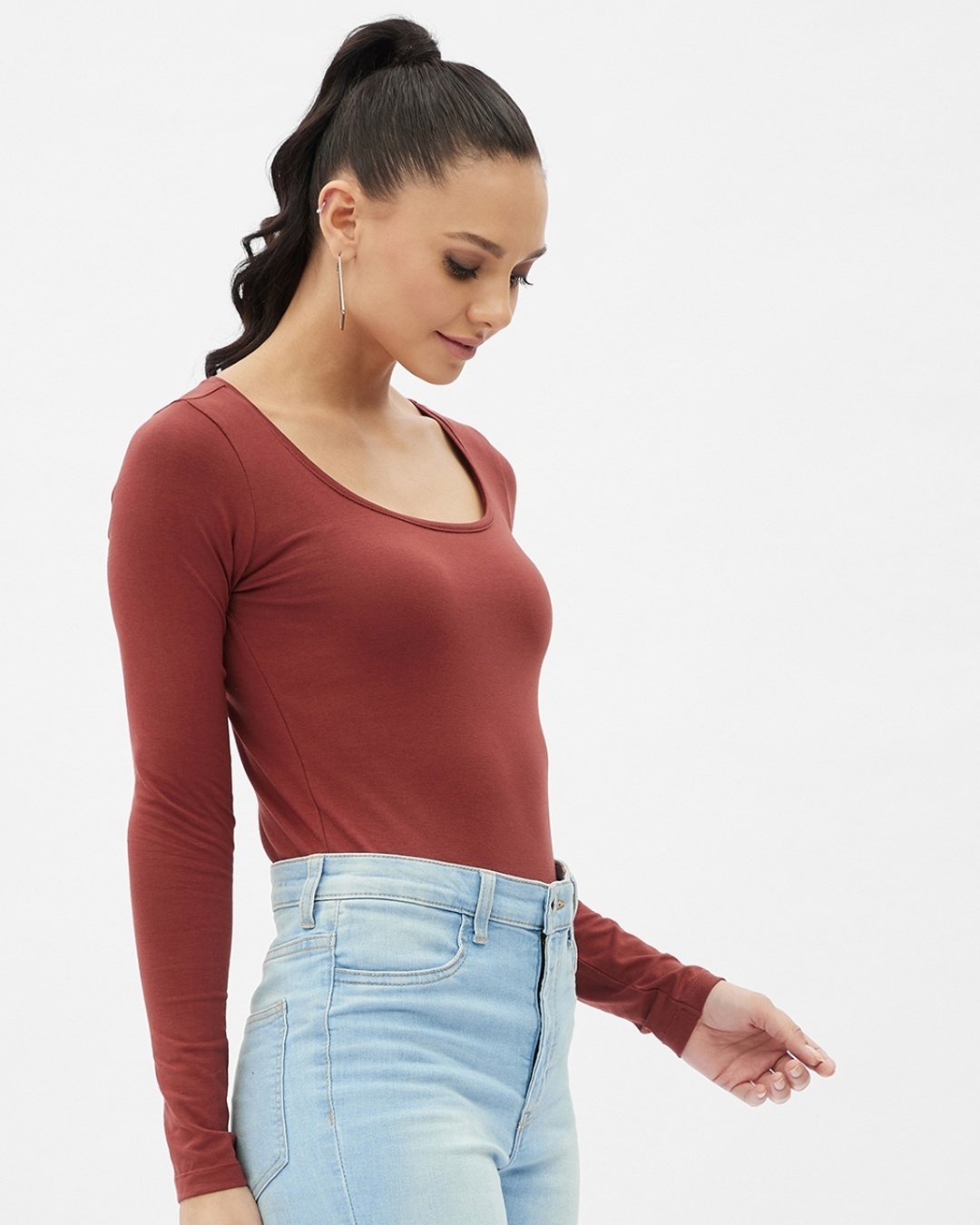 Shop Women's Rust Cotton Scoop Neck Regular Long Sleeve T-shirt-Back
