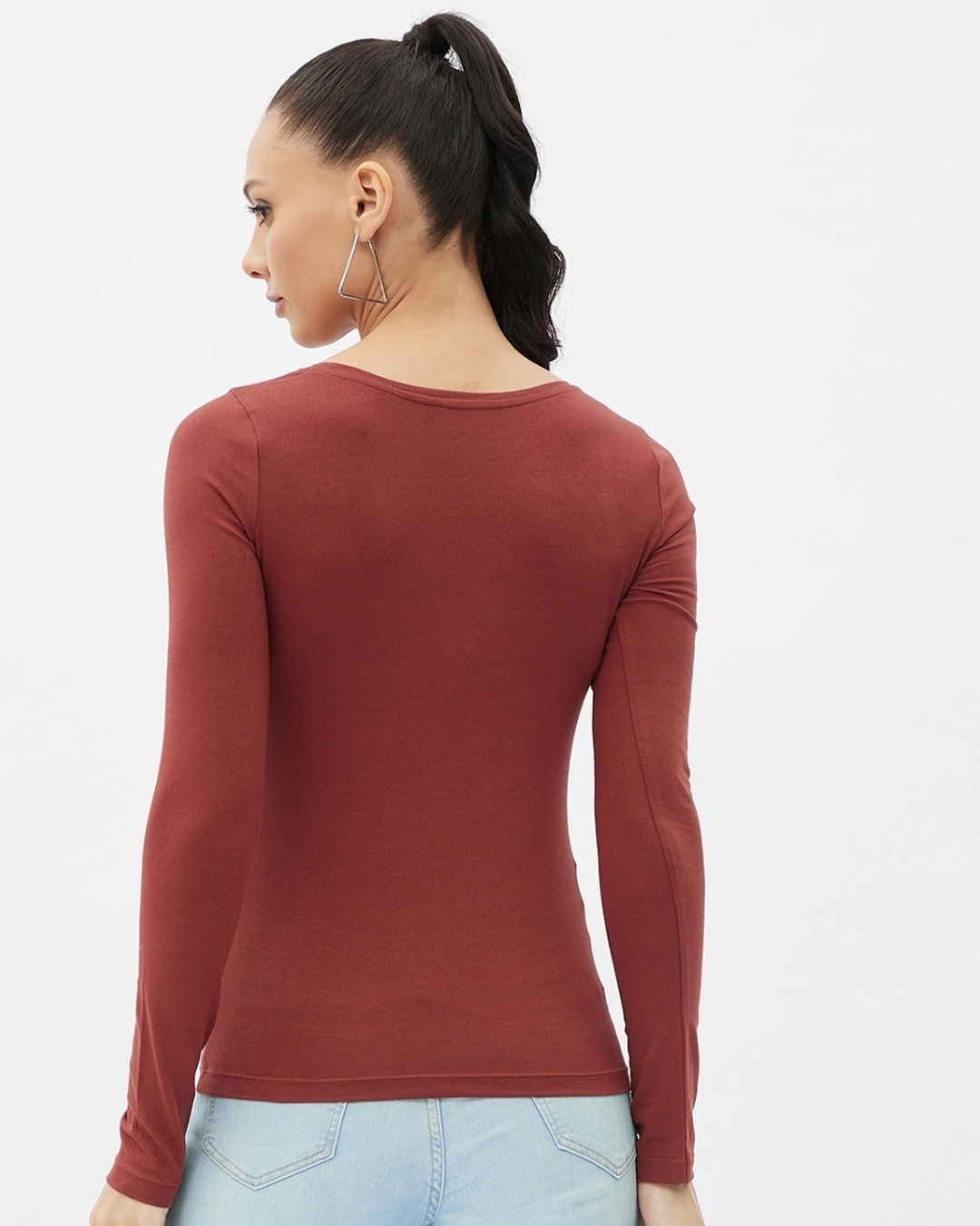 Shop Women's Rust Cotton Scoop Neck Regular Long Sleeve T-shirt-Design