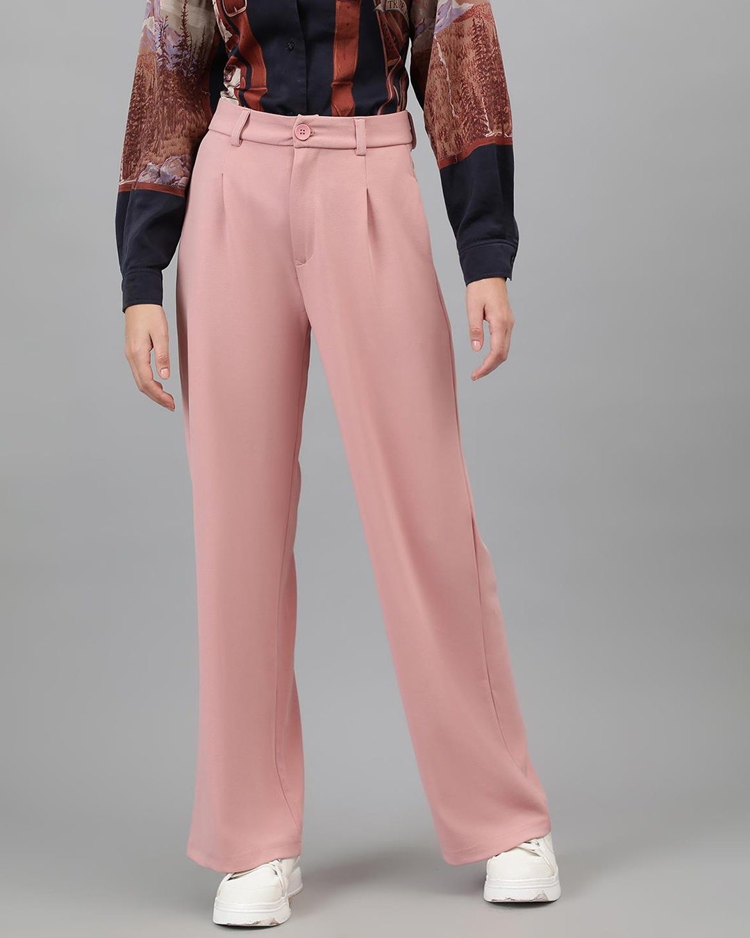 Women's Salmon Pink Straight Fit Trousers paired with teal blue shirt