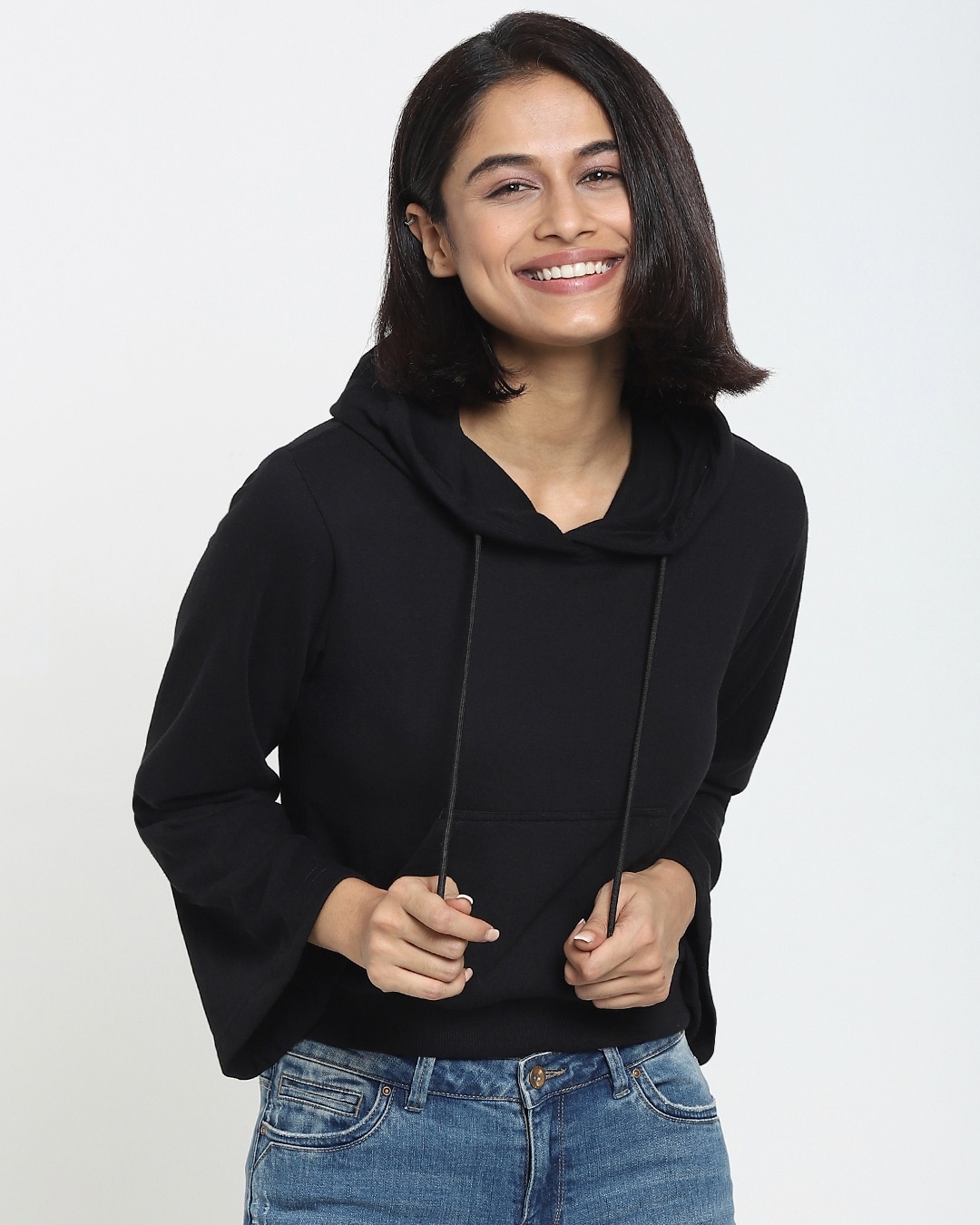 Shop Women's Solid Flare Sleeve Black Hoodie-Back