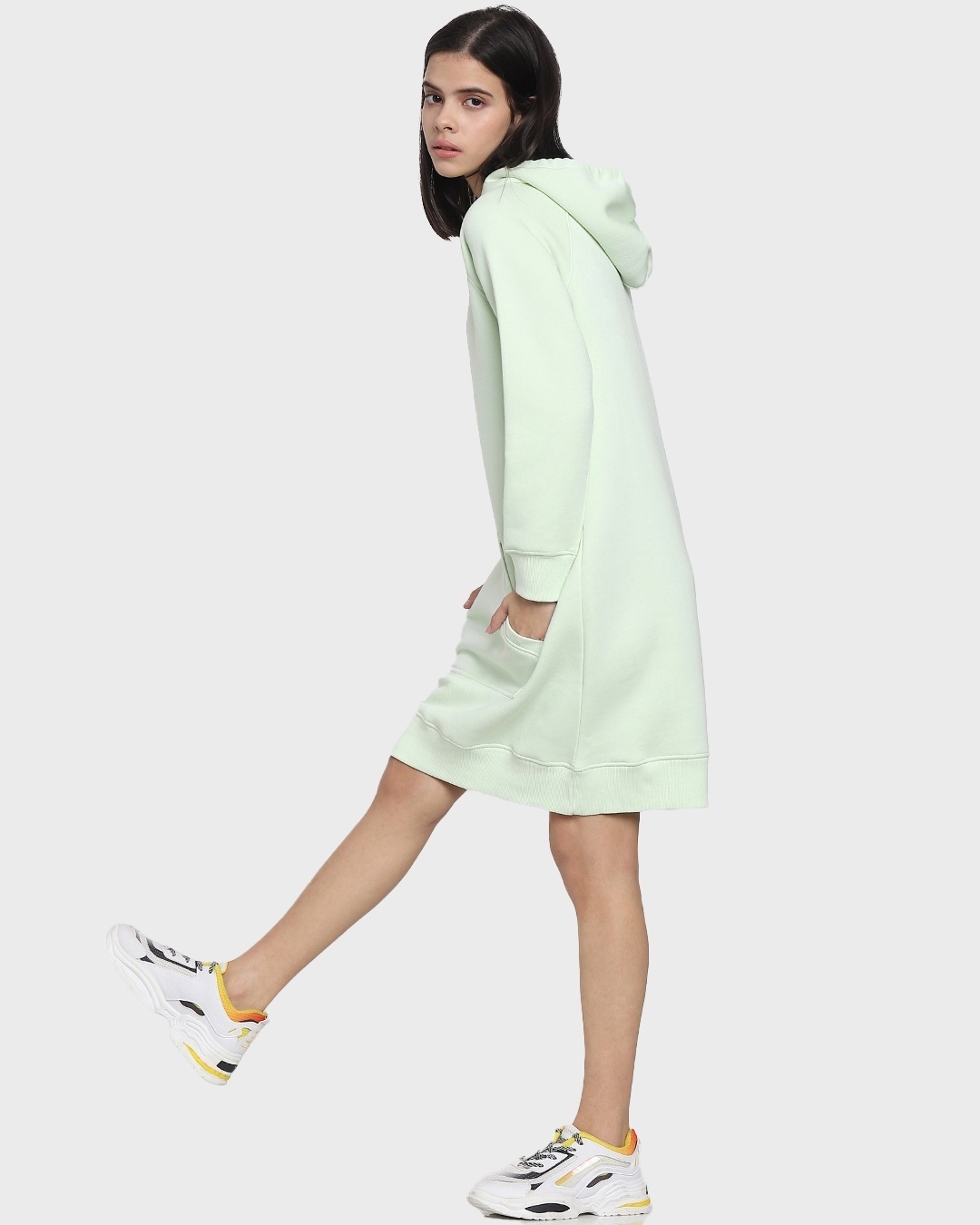 Shop Women's Solid Sage Green Hoodie Dress-Back