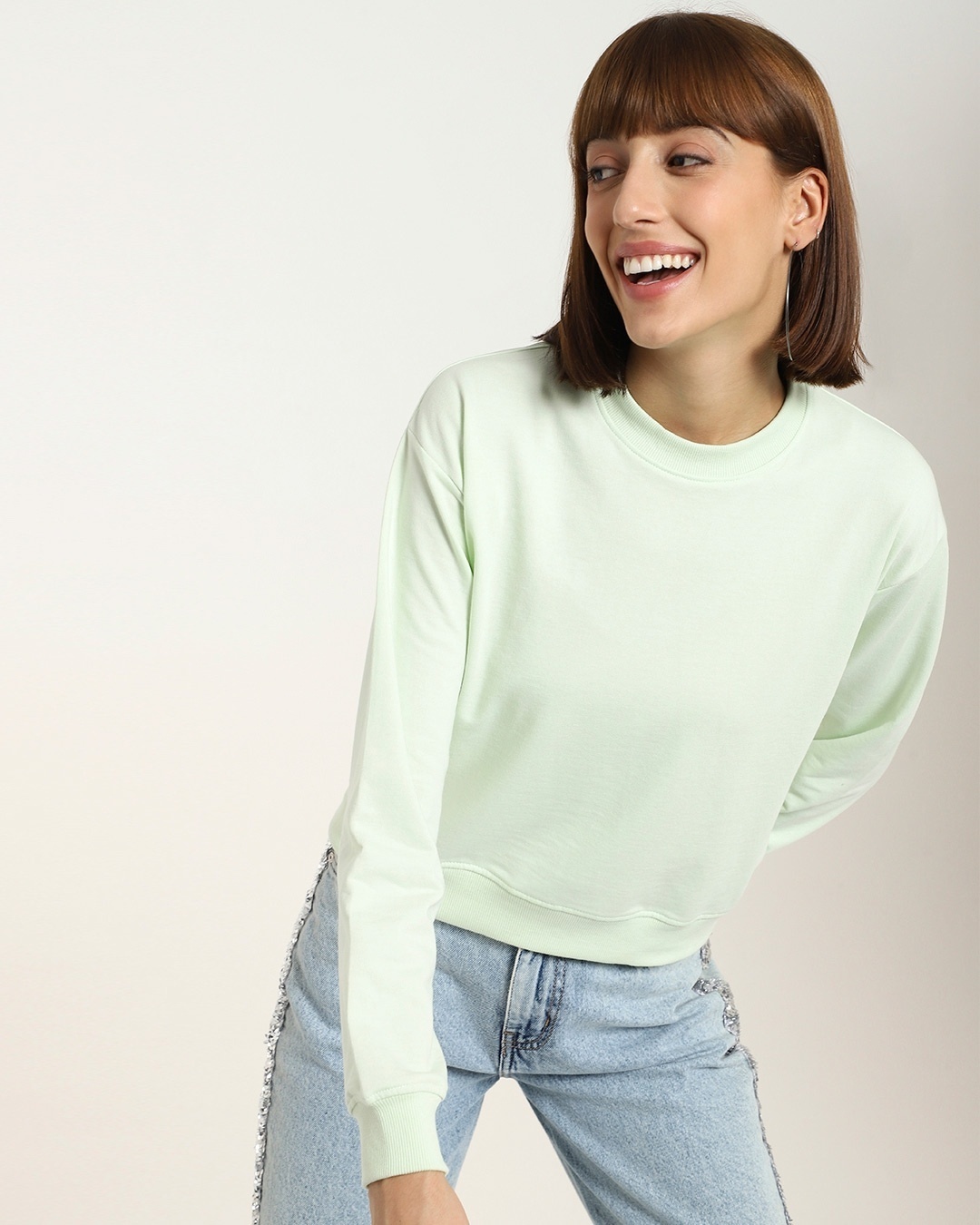 Shop Women's Solid Short Sage Green Sweatshirt-Front