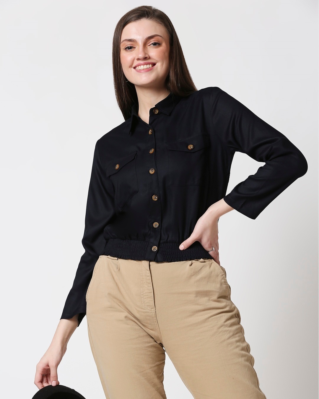 Shop Women's Solid Smoked Waist Top-Front