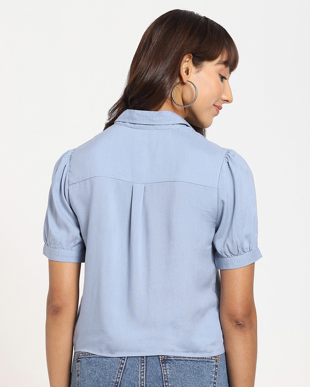 Shop Women's Solid Tie Hem Half Sleeve Casual Blue Shirt-Full