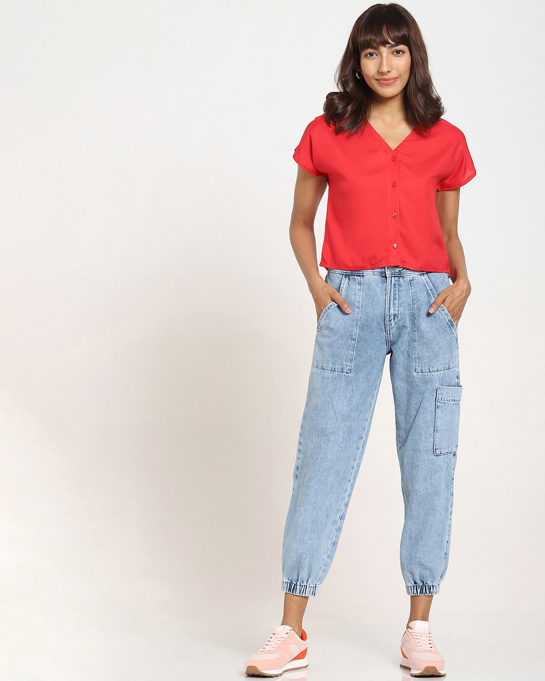 Shop Women's Solid V-Neck Half Sleeve Red Casual Shirt-Full