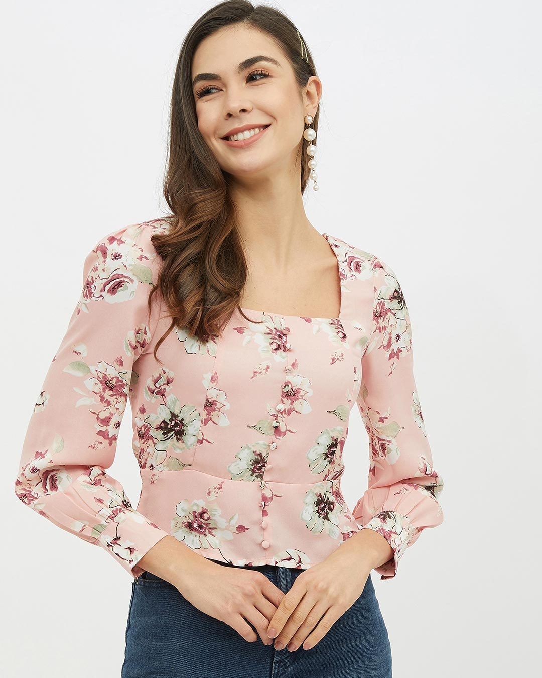 Shop Women's Square Neck Full Sleeve Printed Top-Front