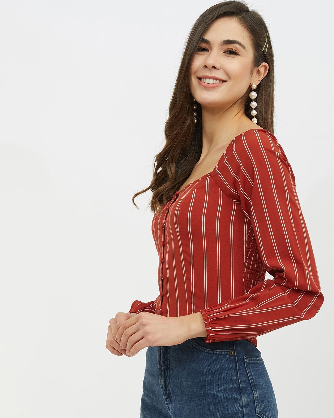 Shop Women's Square Neck Full Sleeve Striped Top