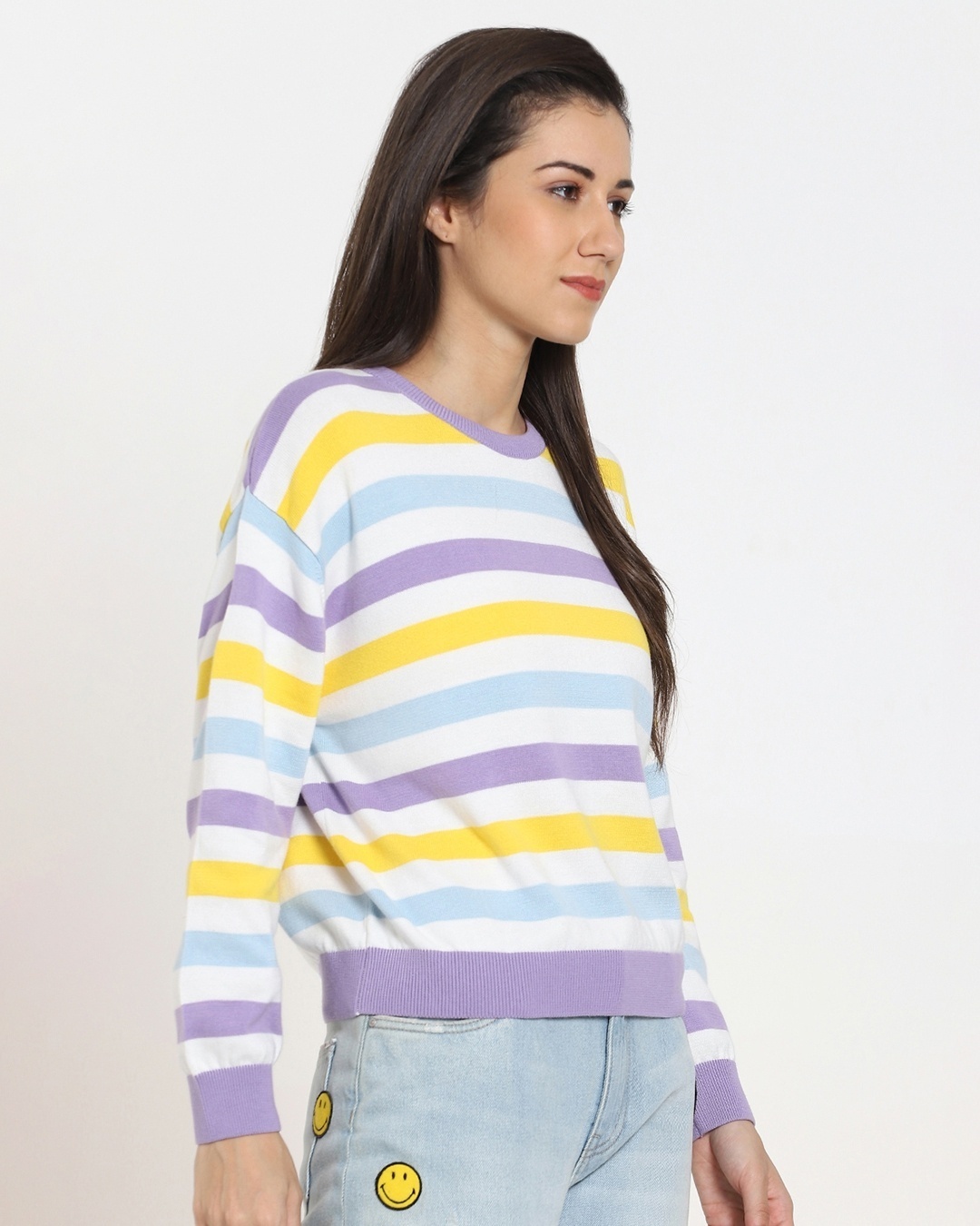 Shop Women's White Striped Flat Knit Sweater-Back