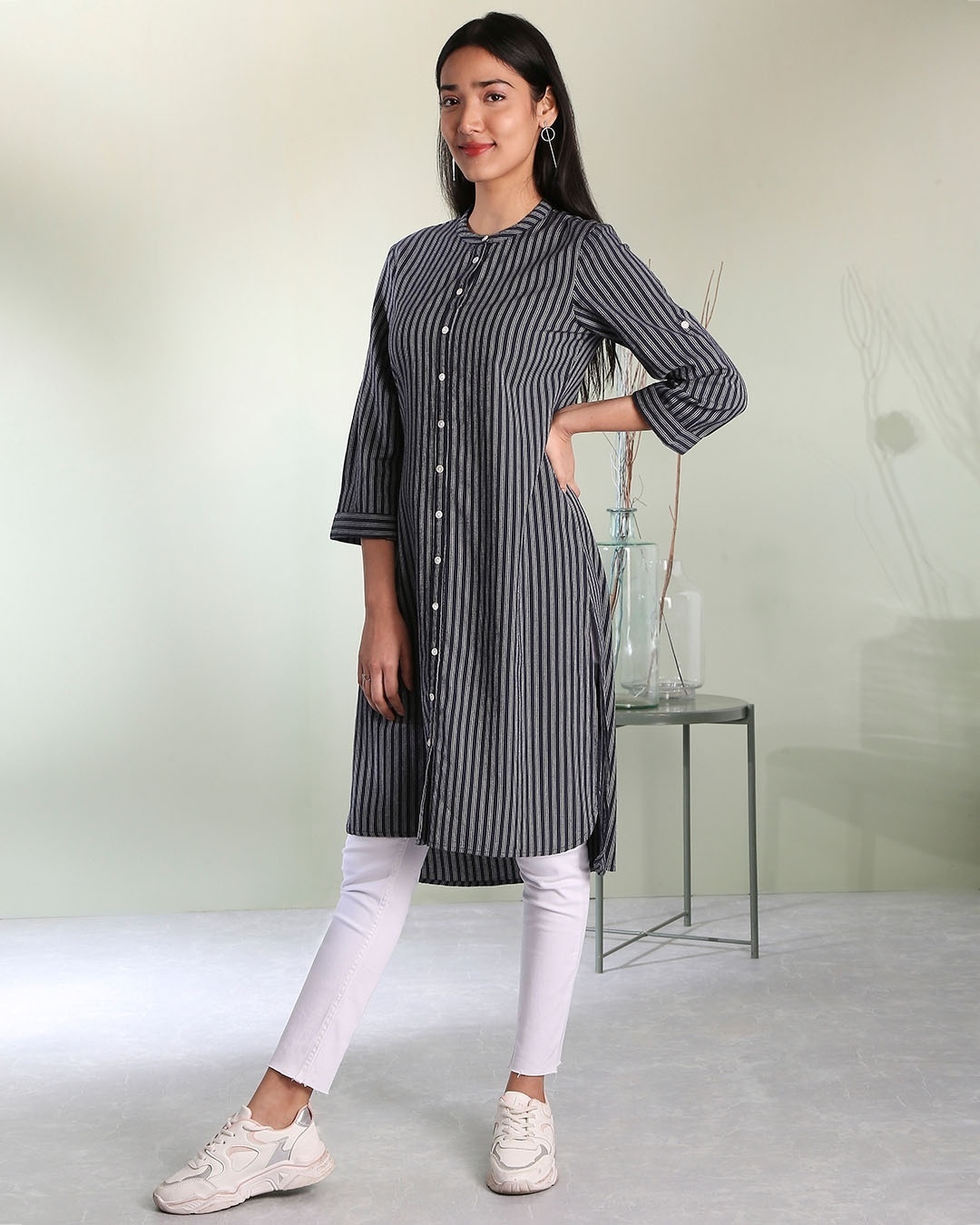 Shop Women's Stripe Mandarin Collar Button Down Side Slit Kurta-Back