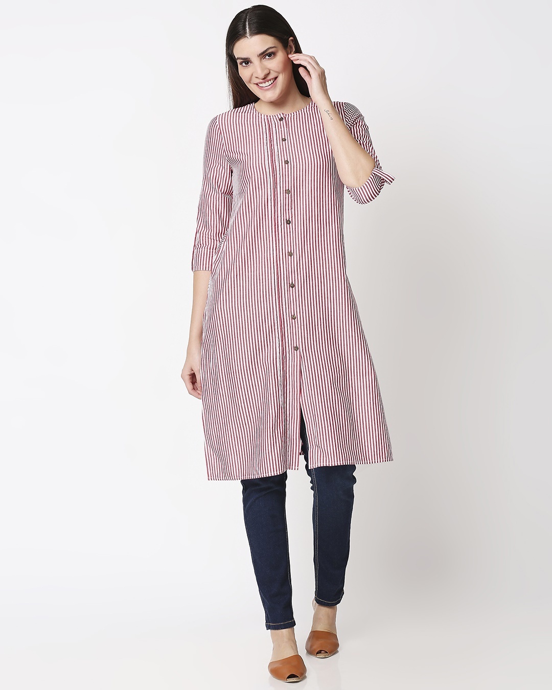 Shop Women's Stripe Red Long Kurta-Back