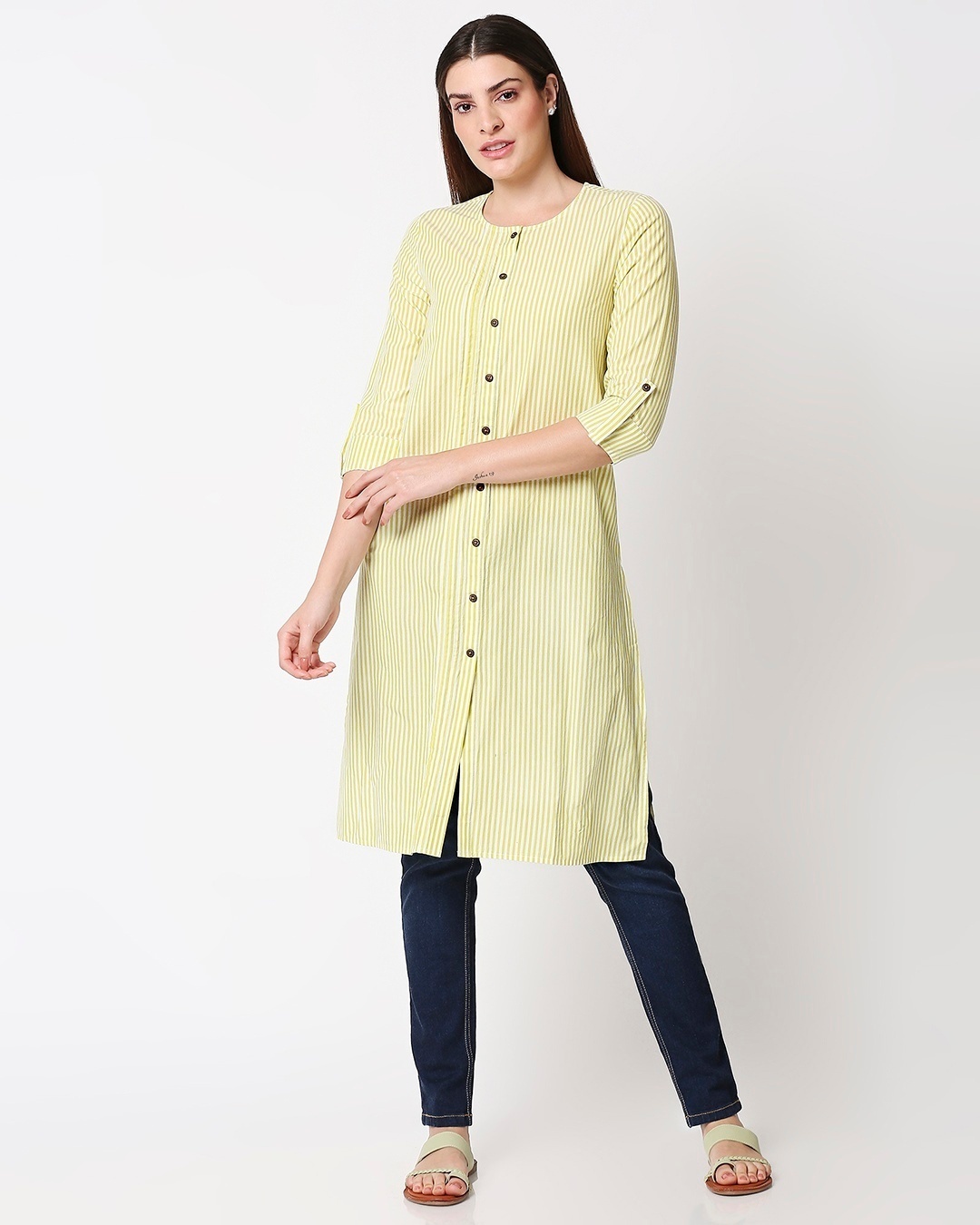 Shop Women's Stripe Yellow Long Kurta-Back