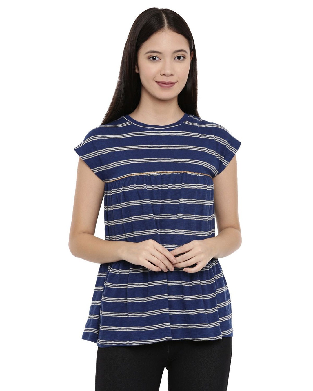 Shop Women's Striped Tiered Blue Top-Front