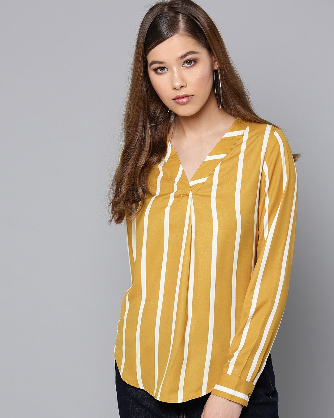 Shop Women's V Neck Full Sleeve Striped Top-Front