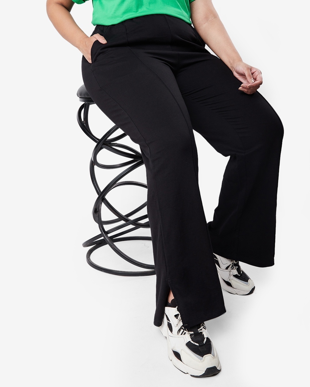 Shop Women's Black Plus Size Rib High Waist Pants-Front